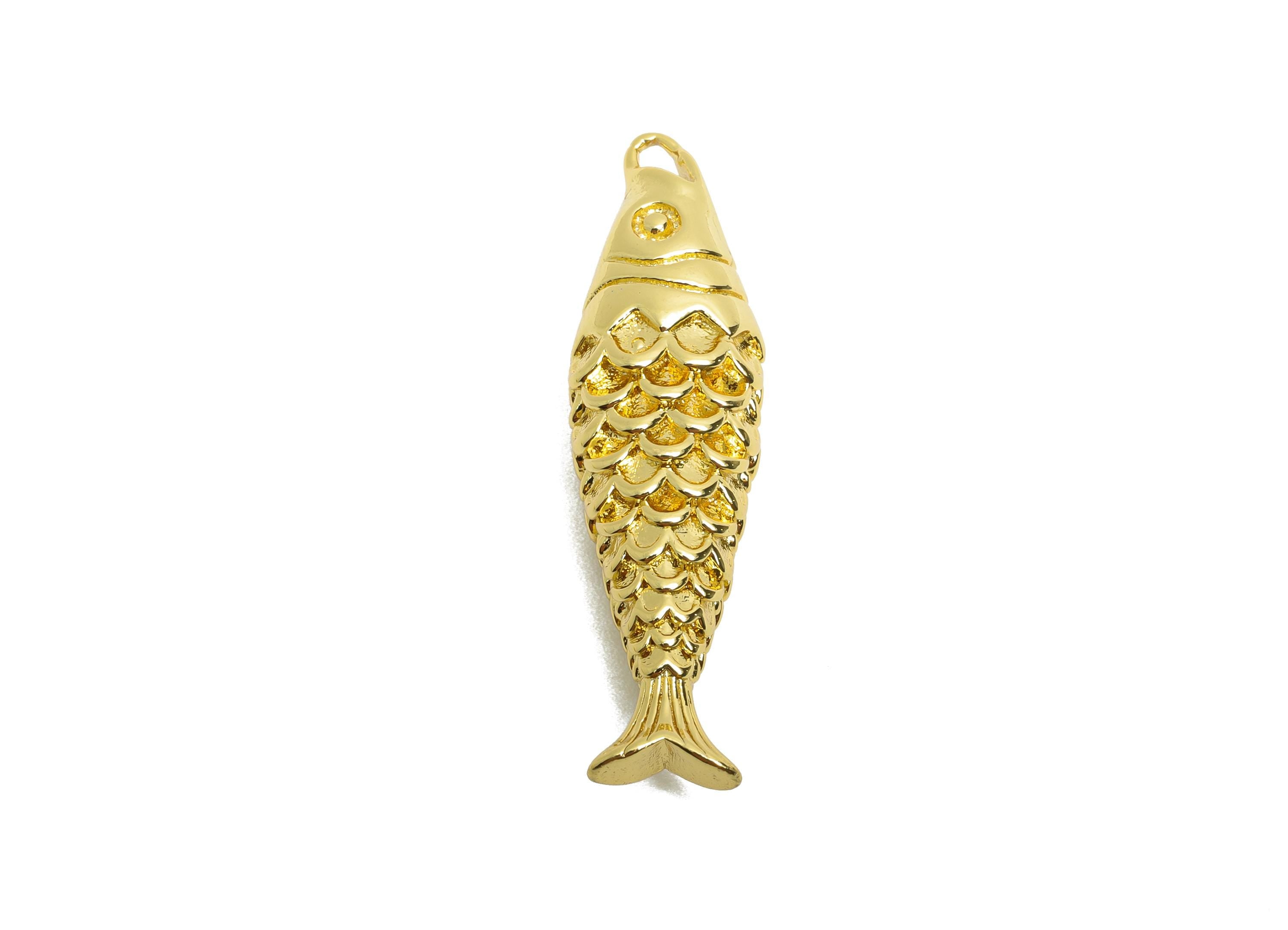 Movable 3D Articulated Fish Charm - Brass Textured Articulated Flexible Marine Pendant - 18K Real Gold Plated - 41x6x6.59mm - RGP10740 - DOMEDBAZAAR