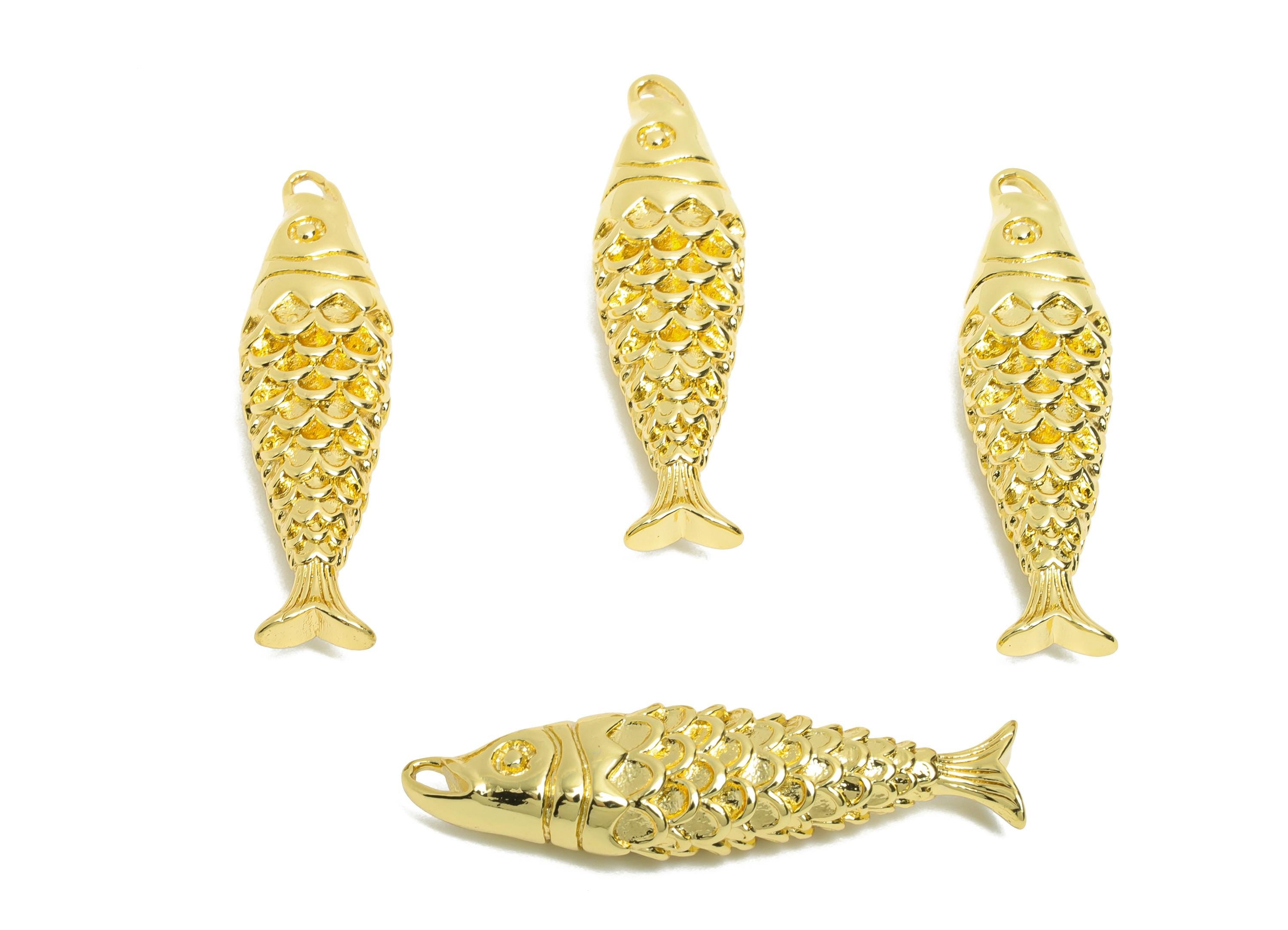 Movable 3D Articulated Fish Charm - Brass Textured Articulated Flexible Marine Pendant - 18K Real Gold Plated - 41x6x6.59mm - RGP10740 - DOMEDBAZAAR