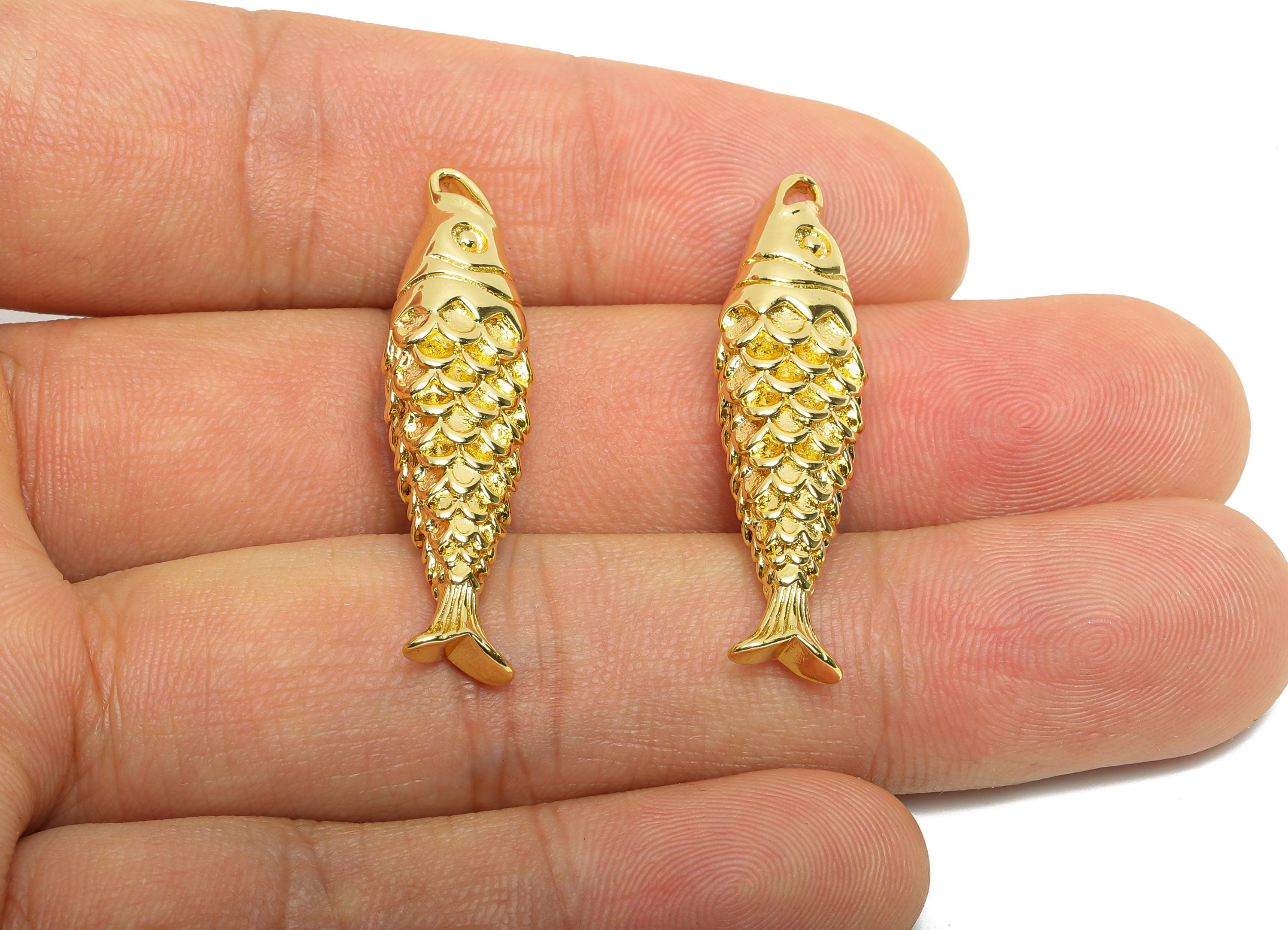 Movable 3D Articulated Fish Charm - Brass Textured Articulated Flexible Marine Pendant - 18K Real Gold Plated - 41x6x6.59mm - RGP10740 - DOMEDBAZAAR