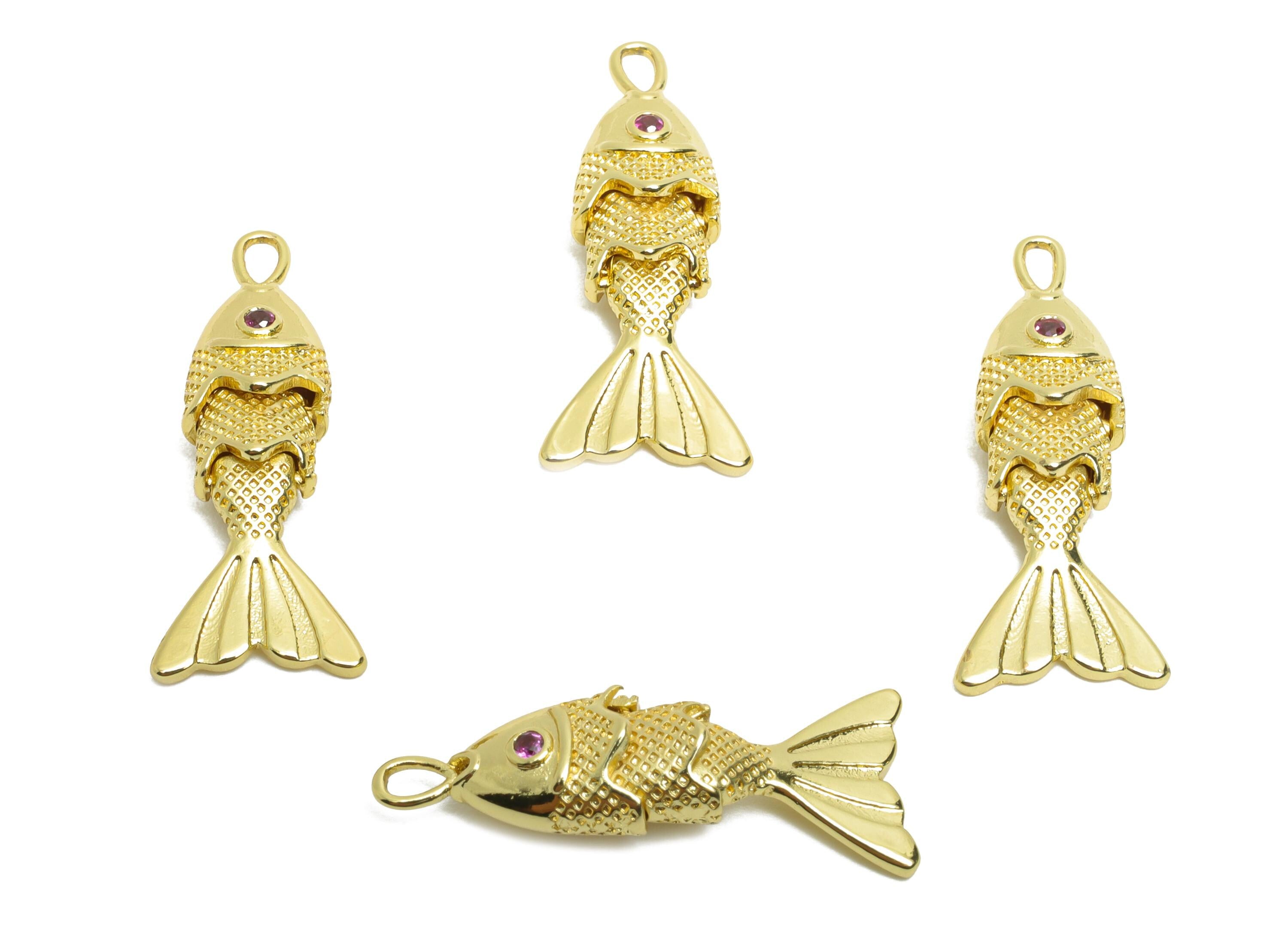 Gold Movable 3D Baby Fish Charm - Brass Textured CZ Articulated Flexible Marine Pendant - 18K Real Gold Plated - 22x6x4.95mm - RGP10749 - DOMEDBAZAAR