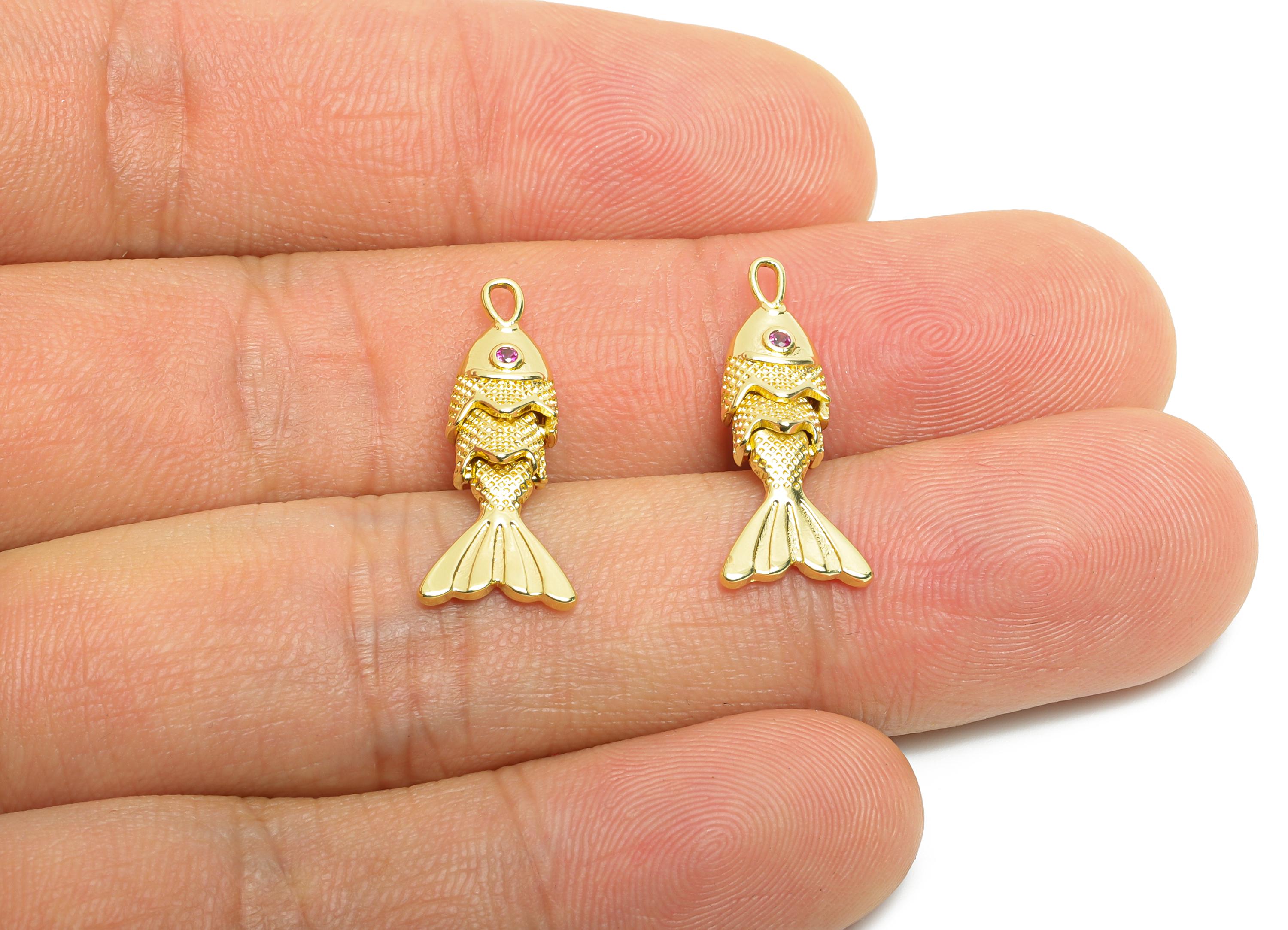 Gold Movable 3D Baby Fish Charm - Brass Textured CZ Articulated Flexible Marine Pendant - 18K Real Gold Plated - 22x6x4.95mm - RGP10749 - DOMEDBAZAAR