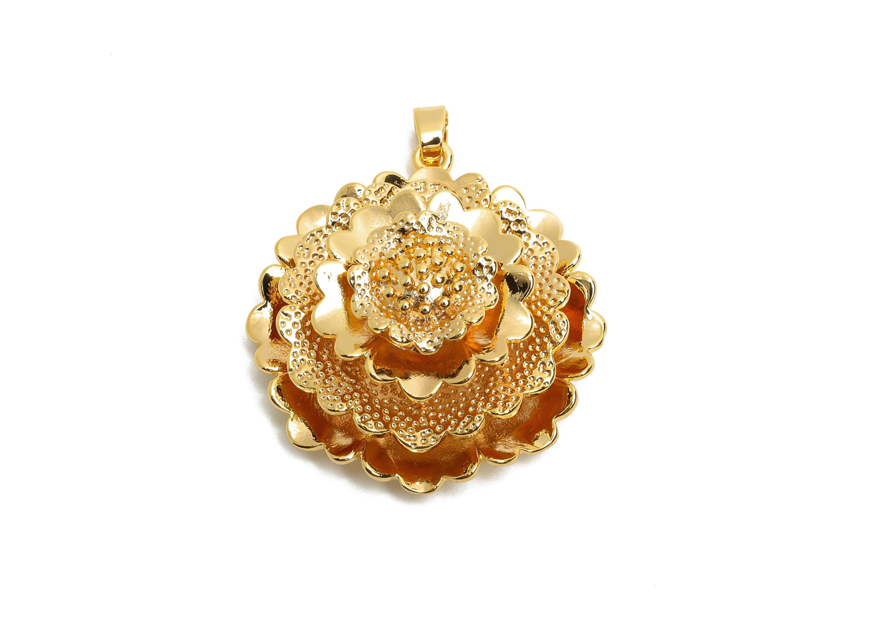 Brass 3D Layered Flower Pendant- Gold Botanical Huge Pendant for Necklace - Statement Jewelry - 18K Real Gold Plated - 36x29x13mm - RGP10507 - DOMEDBAZAAR
