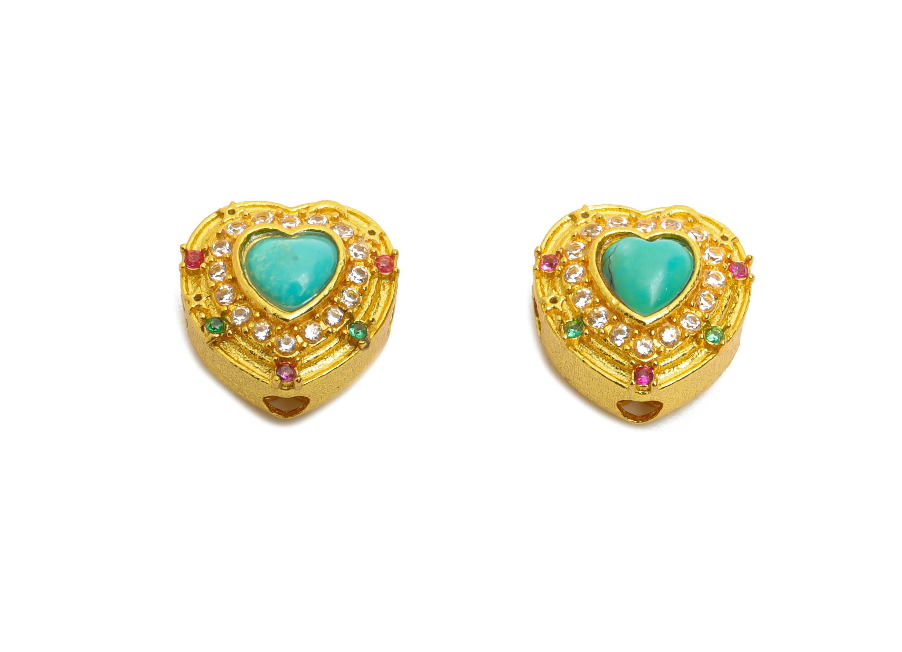 Brass Amber Heart Bead - Cubic Zircon Eastern Bead for Bracelet - Beaded Edge Spacer with Gem Detail - 24k Gold Plated - 9x9x5mm - RGP10729 - DOMEDBAZAAR