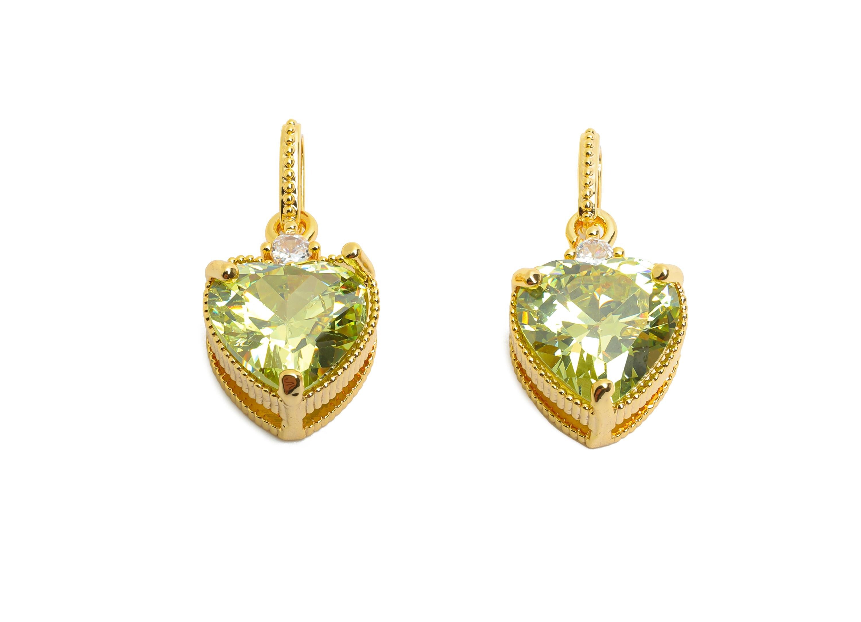 Brass Heart Crystal Pendant- Romantic Green Heart Zircon Necklace Pendant - Luxury Jewelry - 18K Real Gold Plated - 21.5x11x7.5mm - RGP10488 - DOMEDBAZAAR