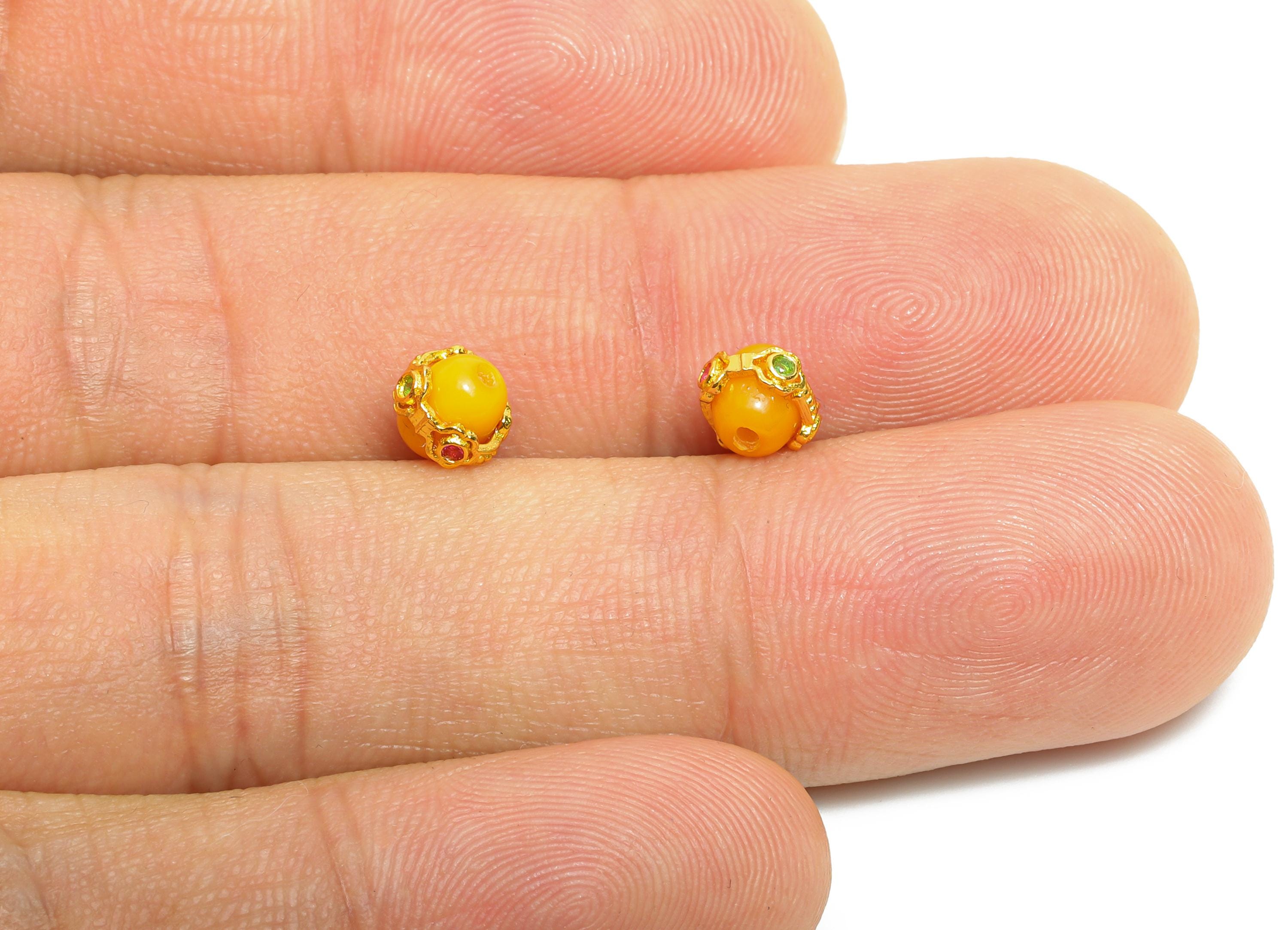Brass Enamel Space Bead - Cubic Zircon Eastern Bead - Round Gold Spacer Bead - Luxury Bead for Bracelet - 24k Gold Plated - 6x6x6mm-RGP10728 - DOMEDBAZAAR