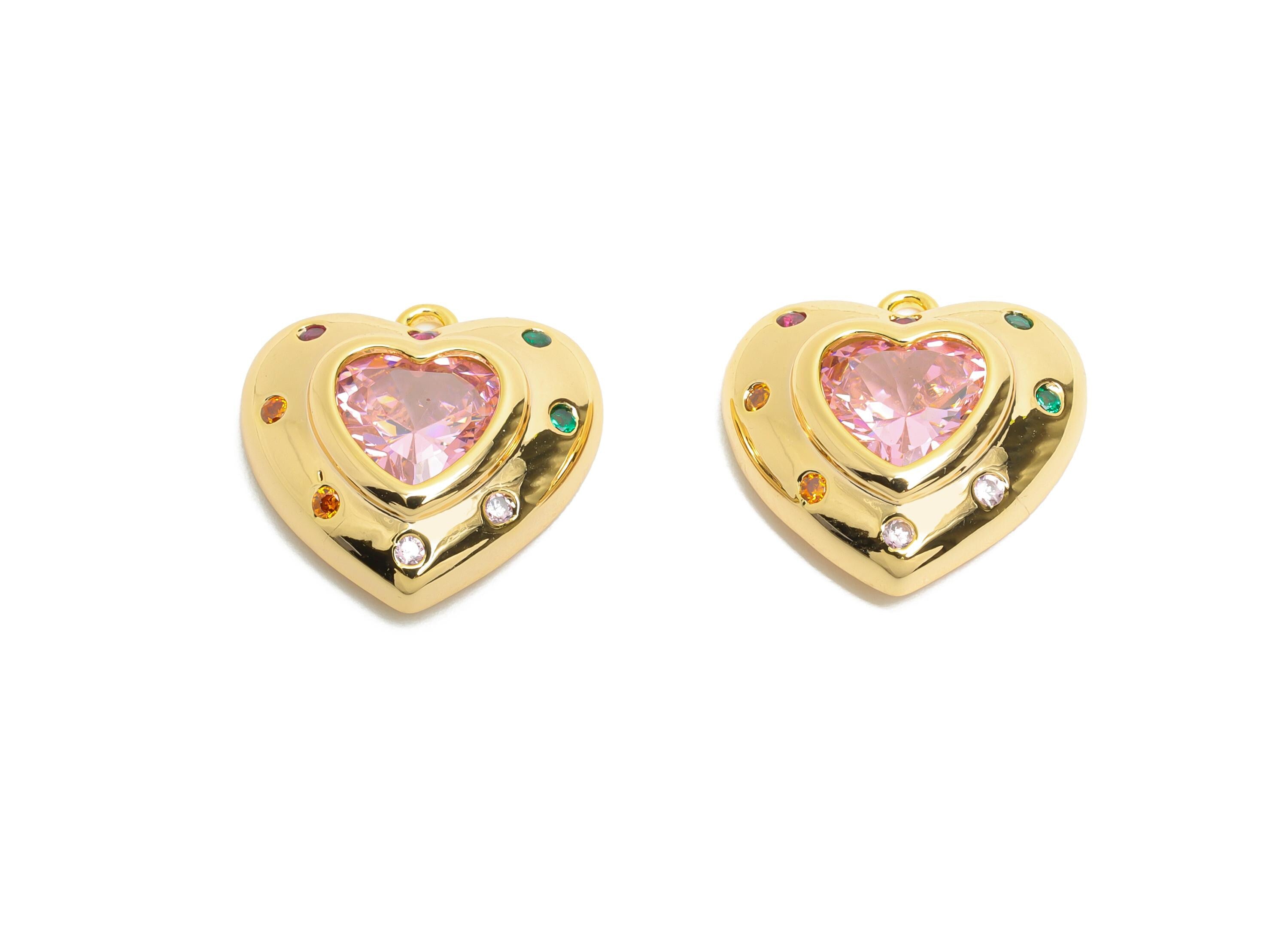 Brass Heart Crystal Charms - Sparkling Pink Heart Zircon Charms - Elegant Jewelry Making - 18K Real Gold Plated - 16x15.9x4.75mm - RGP10501 - DOMEDBAZAAR