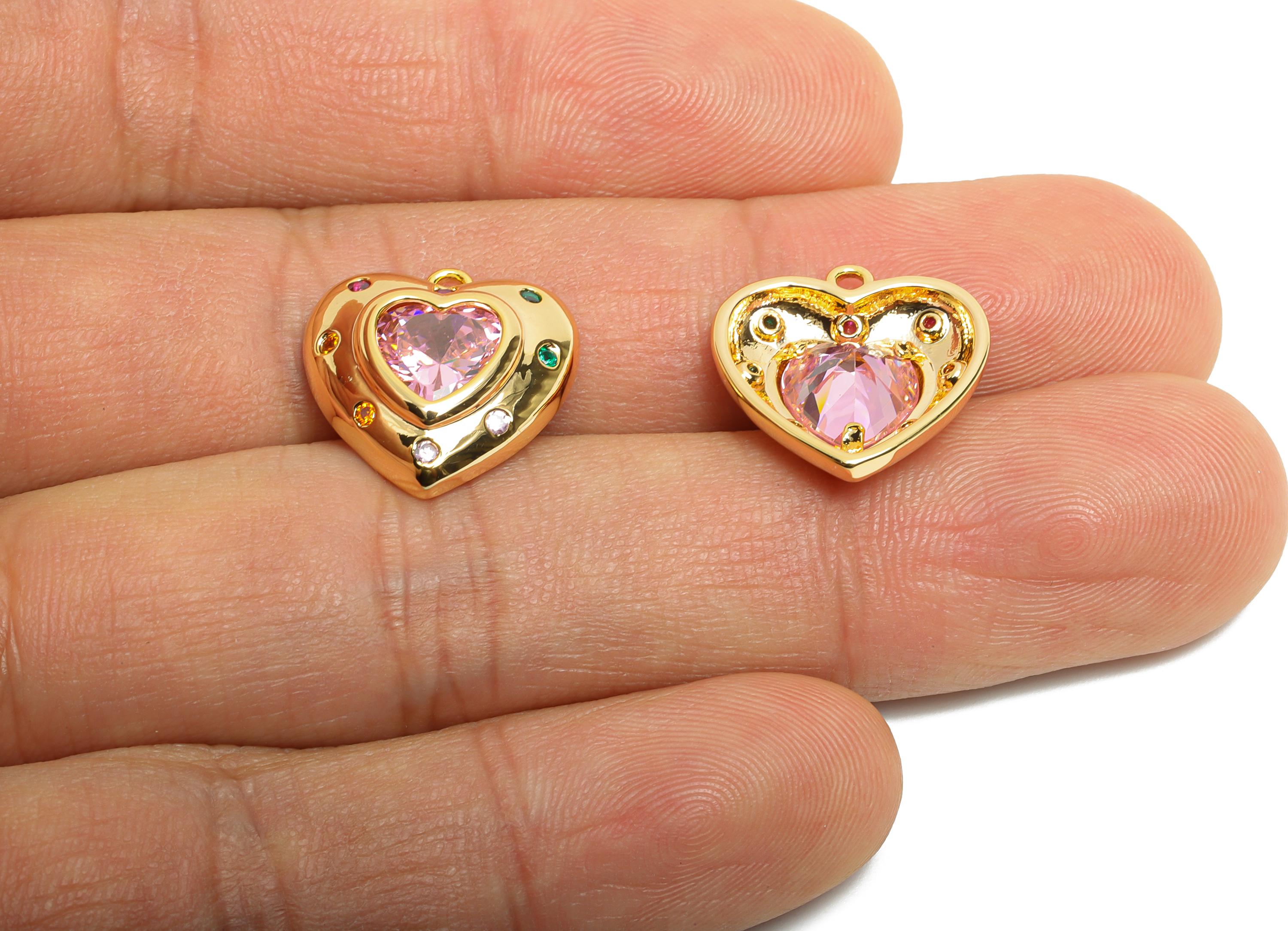 Brass Heart Crystal Charms - Sparkling Pink Heart Zircon Charms - Elegant Jewelry Making - 18K Real Gold Plated - 16x15.9x4.75mm - RGP10501 - DOMEDBAZAAR