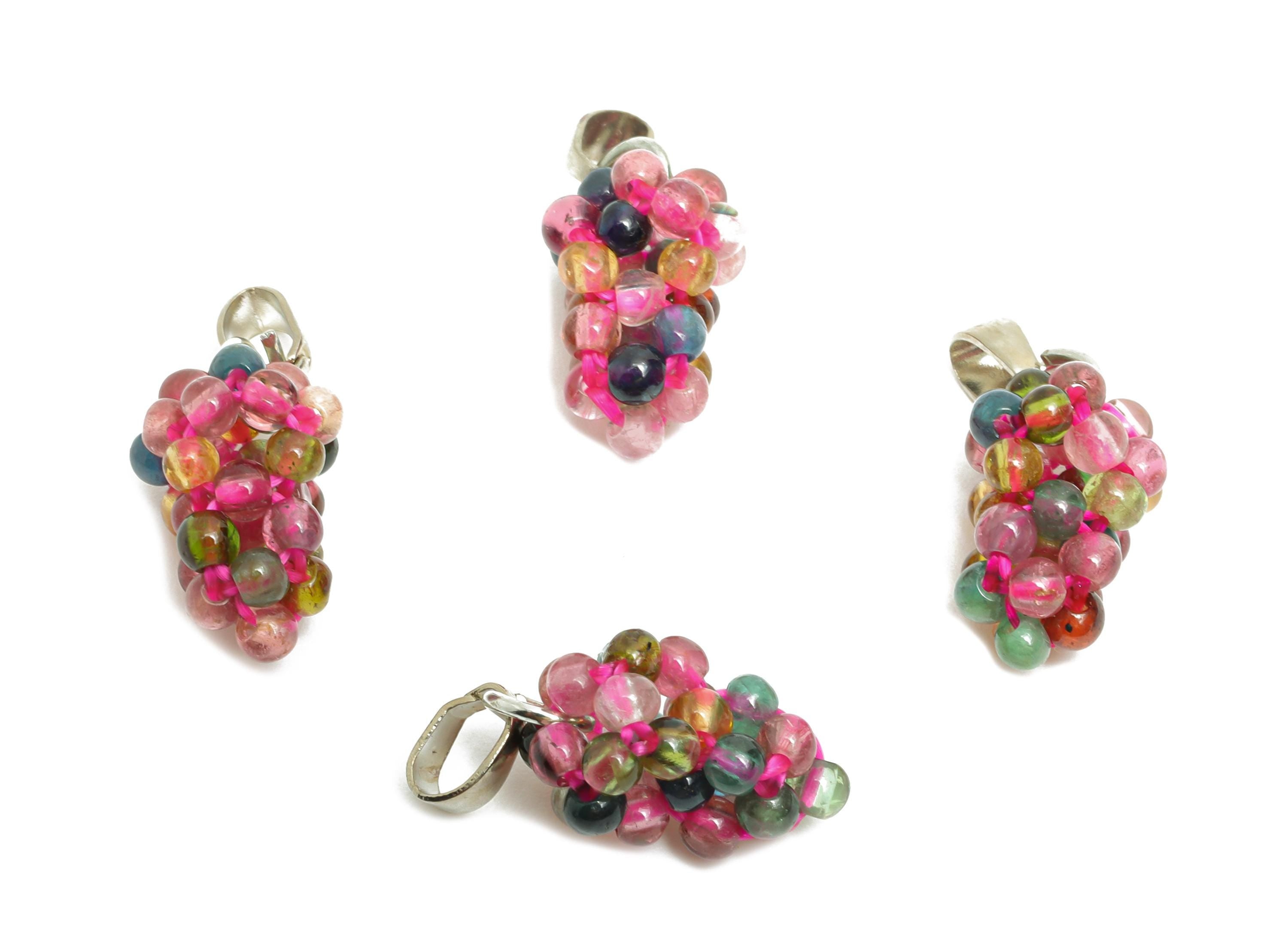 Multicolor Grape Cluster Charm - Beaded Grape Pendant With Bail - Vibrant Tourmaline Bead - 18K Real White Gold Plated - 23x8x9mm-RGP10738S - DOMEDBAZAAR