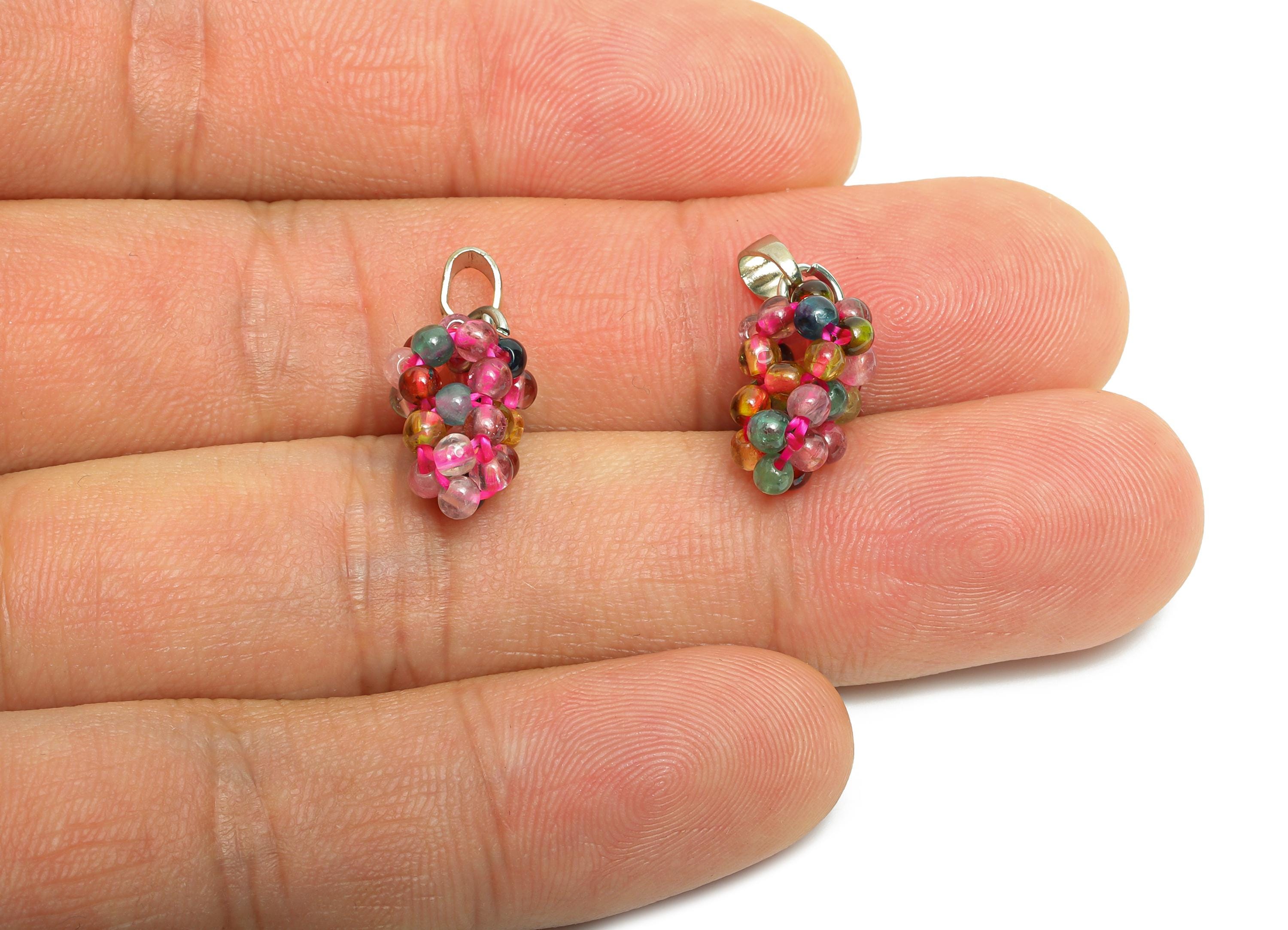 Multicolor Grape Cluster Charm - Beaded Grape Pendant With Bail - Vibrant Tourmaline Bead - 18K Real White Gold Plated - 23x8x9mm-RGP10738S - DOMEDBAZAAR