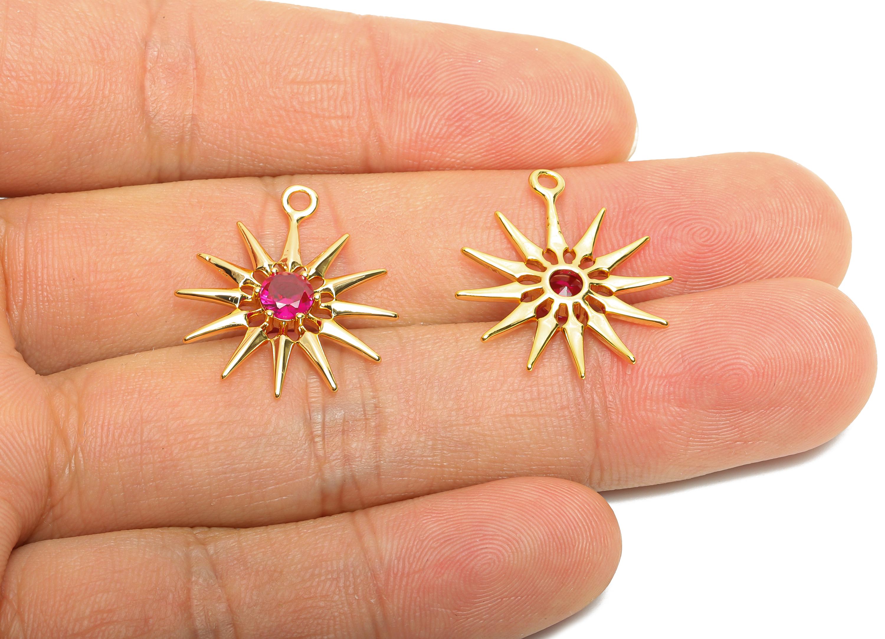 Brass Sunburst Crystal Charms - Luxury Pink Celestial Sun Charms - Dazzling Gold Jewelry - 18K Real Gold Plated - 23.85x19x3.34mm - RGP10473 - DOMEDBAZAAR
