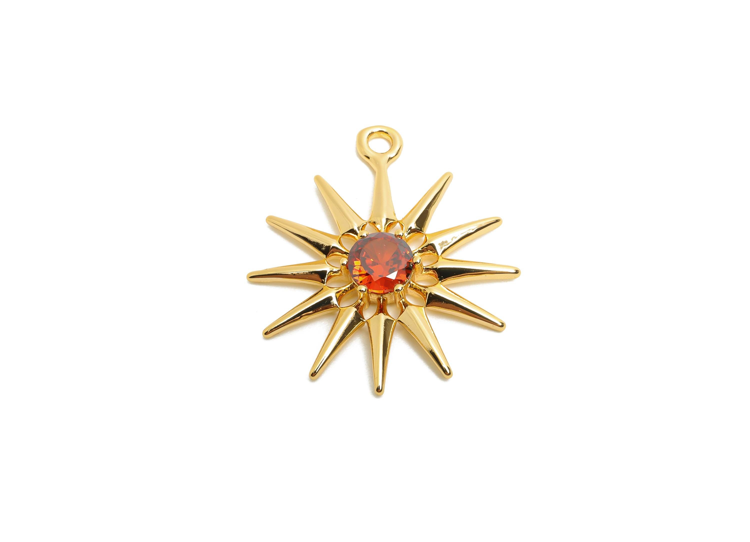 Brass Sunburst Crystal Charms - Sparkling Red Celestial Sun Charms - Luxury Gold Jewelry - 18K Real Gold Plated - 23.85x19x3.34mm - RGP10474 - DOMEDBAZAAR