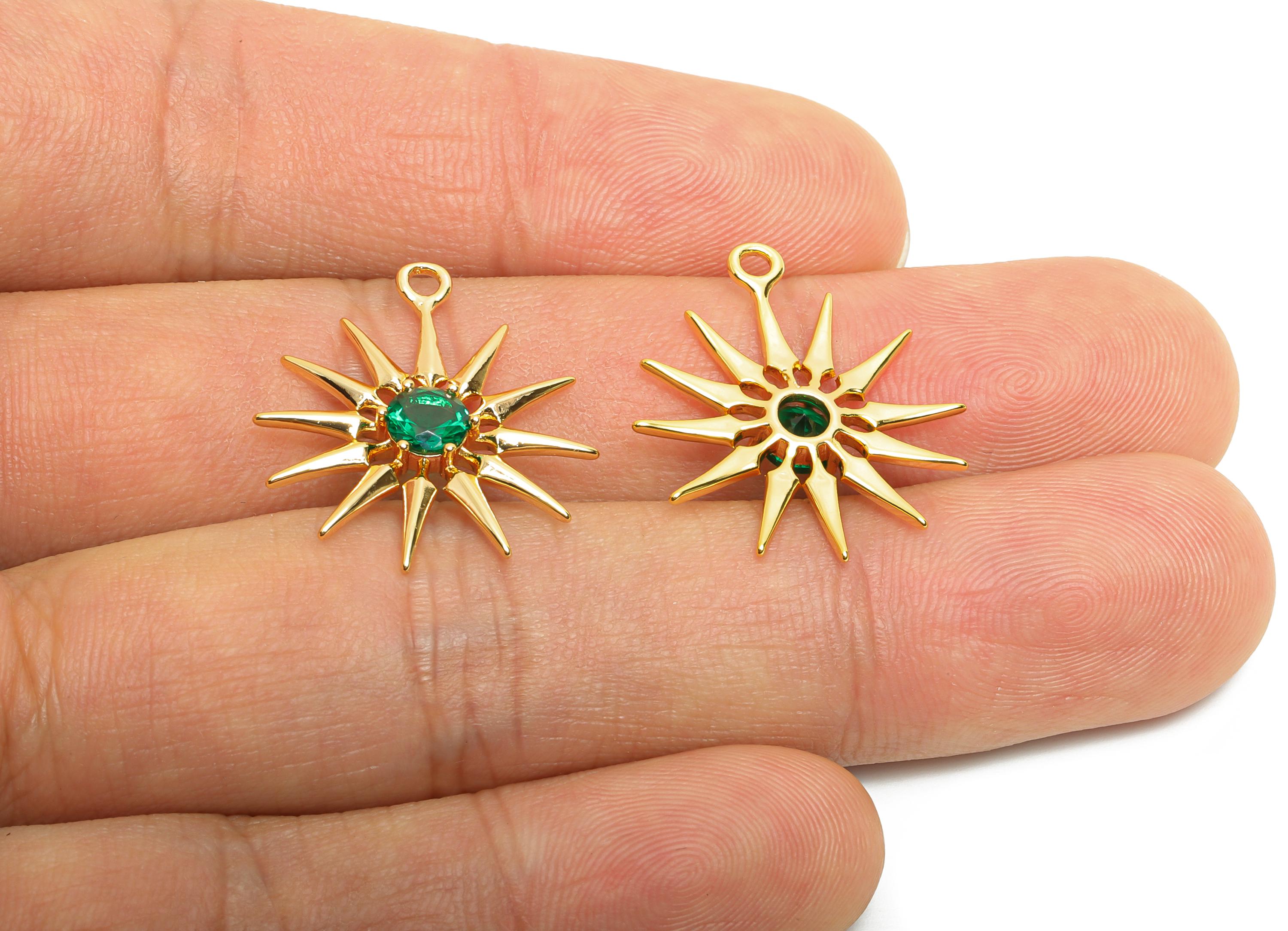Brass Sunburst Crystal Charms - Dazzling Green Celestial Sun Charm - Dainty Gold Jewelry - 18K Real Gold Plated - 23.85x19x3.34mm - RGP10475 - DOMEDBAZAAR