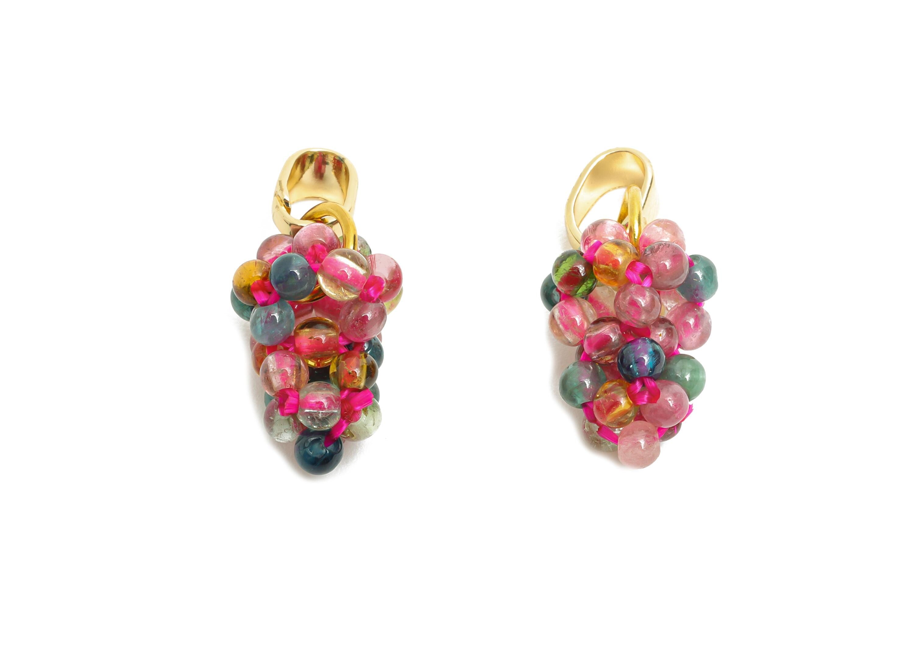 Brass Multicolor Grape Cluster Charm - Beaded Grape Pendant With Bail - Vibrant Tourmaline Bead - 18K Real Gold Plated - 23x8x9mm-RGP10738G - DOMEDBAZAAR