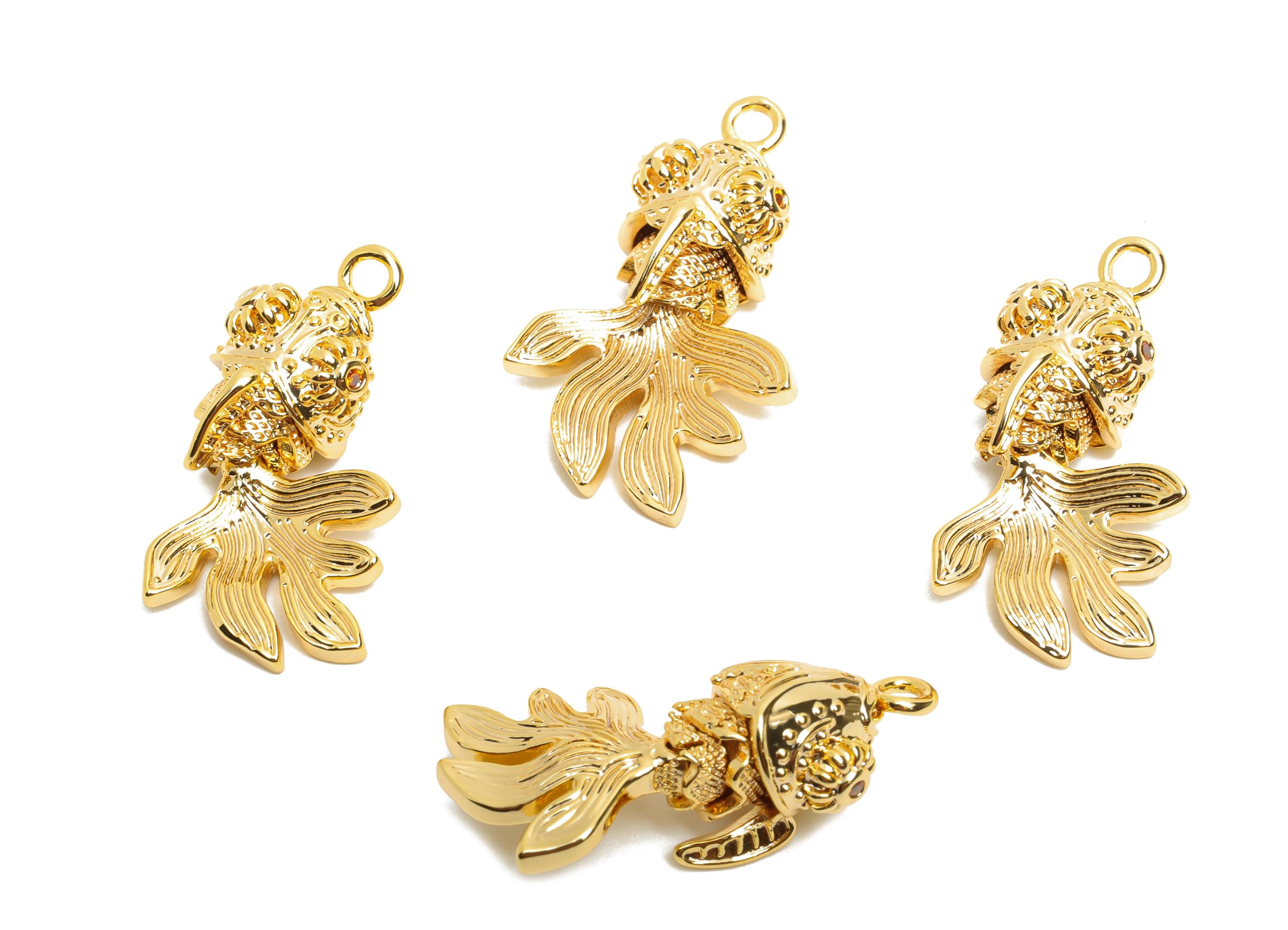 Movable 3D Goldfish Charm - Brass Textured Articulated Marine Pendant - Handmade Fish Jewelry - 18K Gold Plated - 25.52x13.9x8mm - RGP10509 - DOMEDBAZAAR