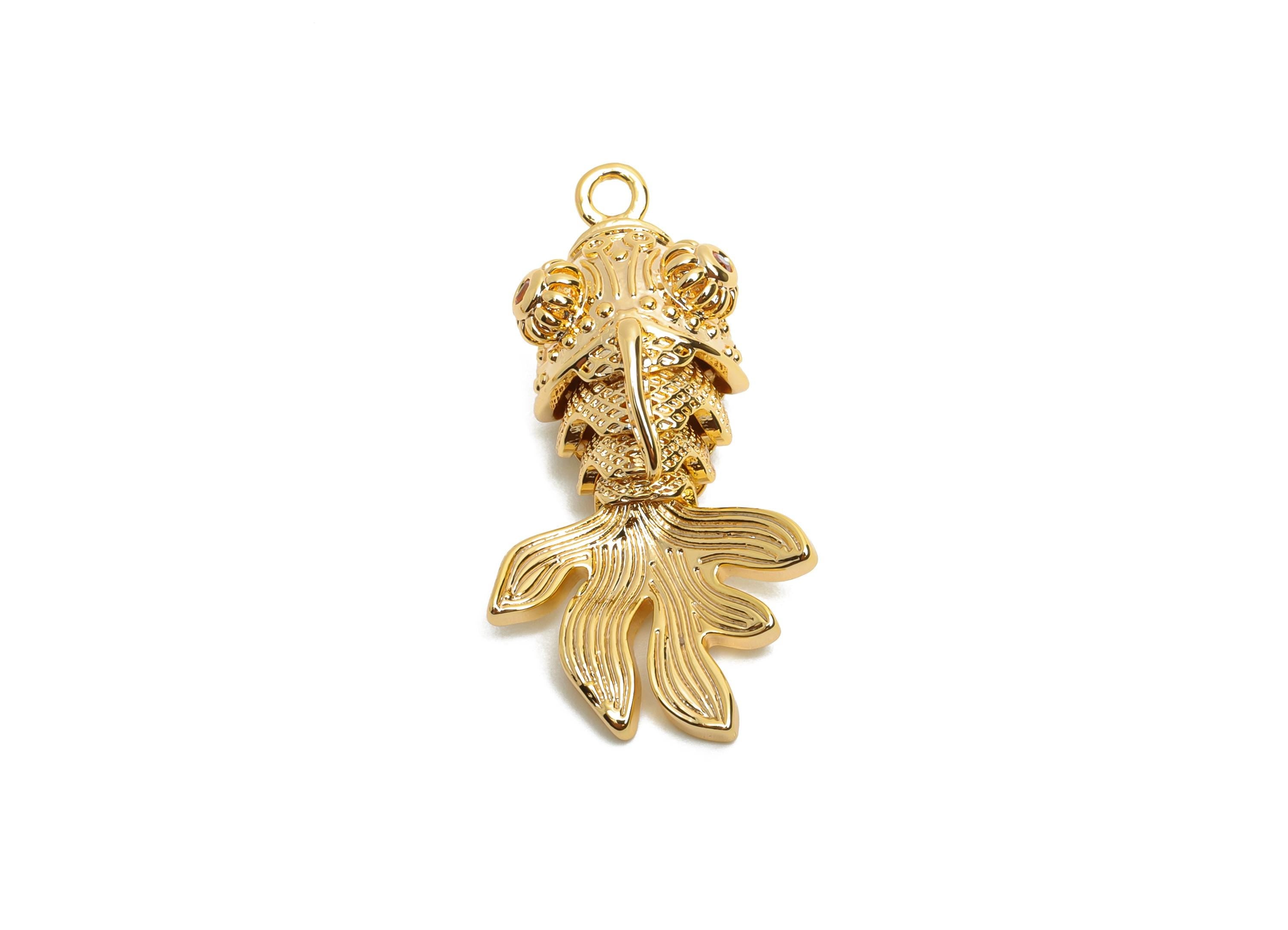Brass 3D Goldfish Charm - Textured Articulated Marine Pendant - Handmade Movable Fish Jewelry - 18K Gold Plated - 28.38x12x10.85mm -RGP10511 - DOMEDBAZAAR
