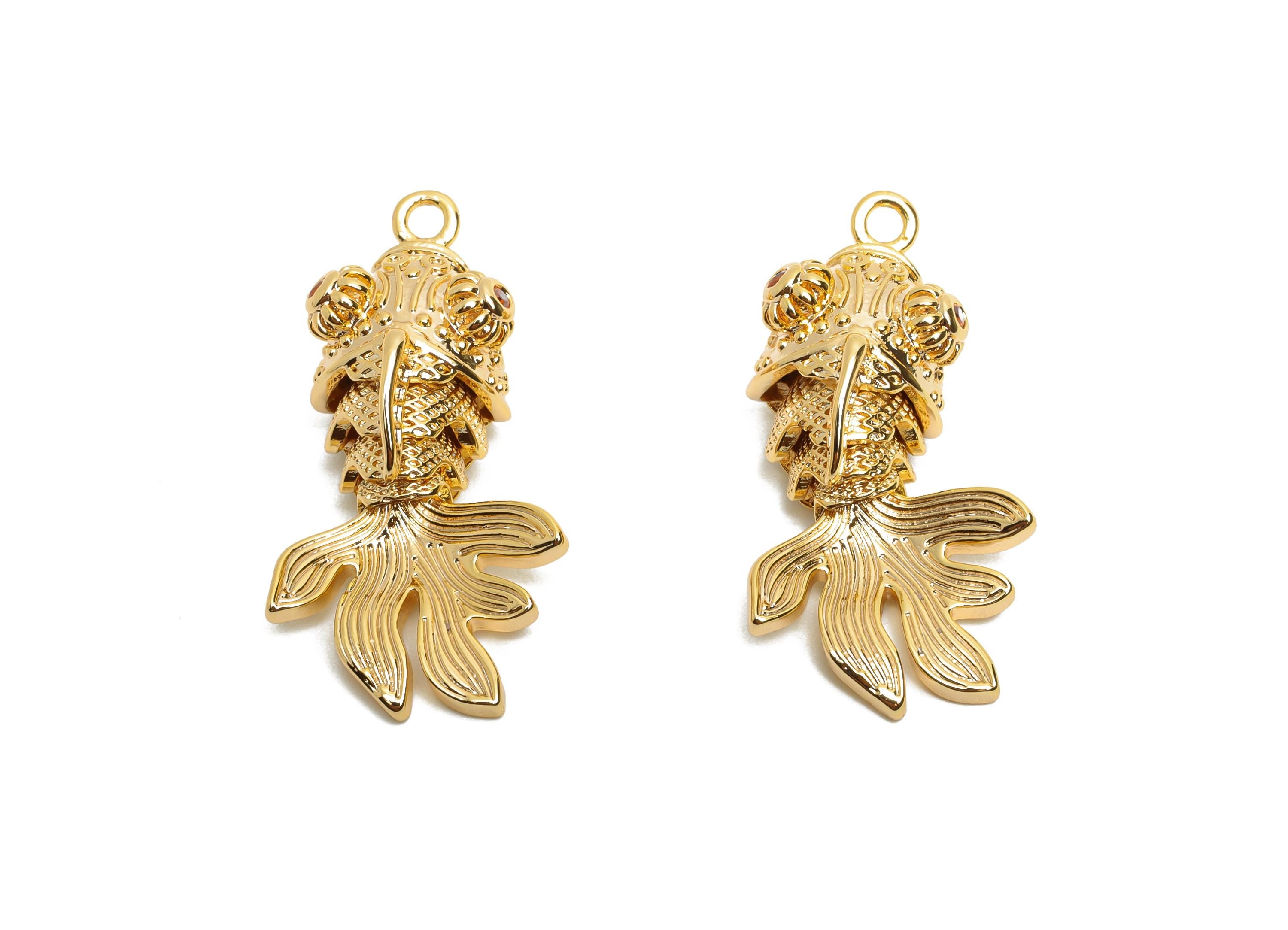 Brass 3D Goldfish Charm - Textured Articulated Marine Pendant - Handmade Movable Fish Jewelry - 18K Gold Plated - 28.38x12x10.85mm -RGP10511 - DOMEDBAZAAR