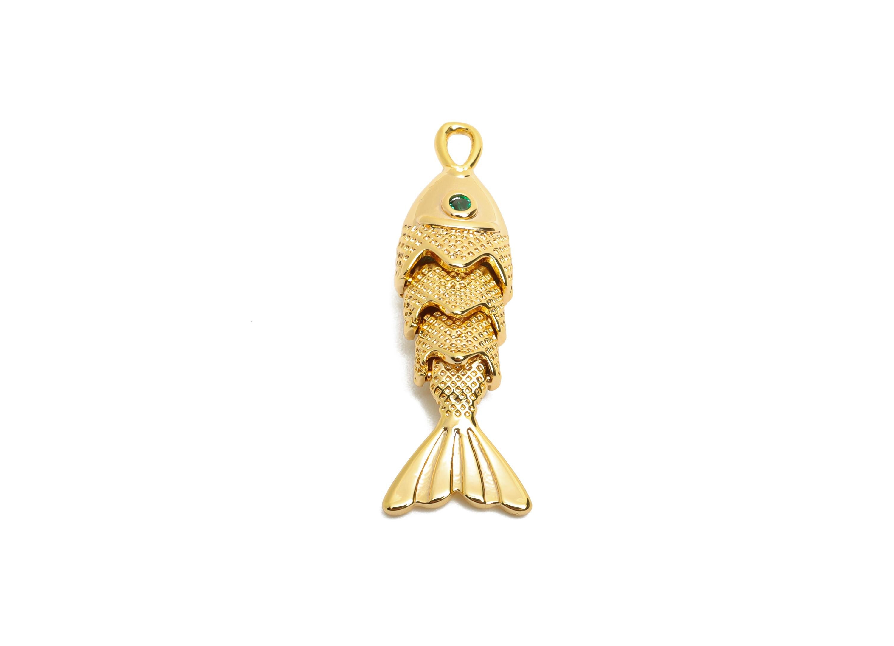 Dainty Gold Cloisonne Fish Charm - Brass Movable Fish Pendant - CZ Handmade Articulated Fish - 18K Real Gold Plating - 26.7x9x5mm - RGP10518 - DOMEDBAZAAR