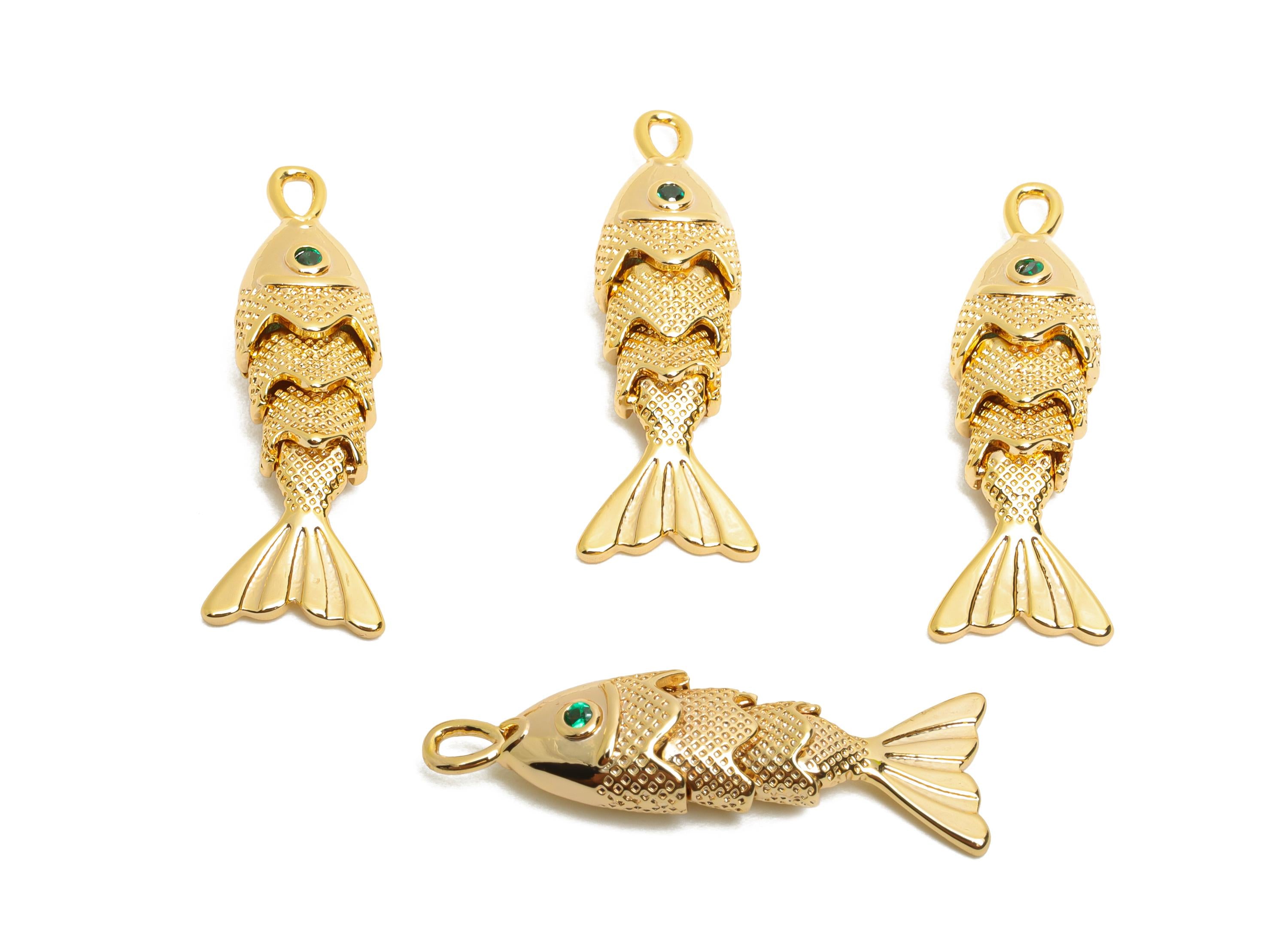 Dainty Gold Cloisonne Fish Charm - Brass Movable Fish Pendant - CZ Handmade Articulated Fish - 18K Real Gold Plating - 26.7x9x5mm - RGP10518 - DOMEDBAZAAR