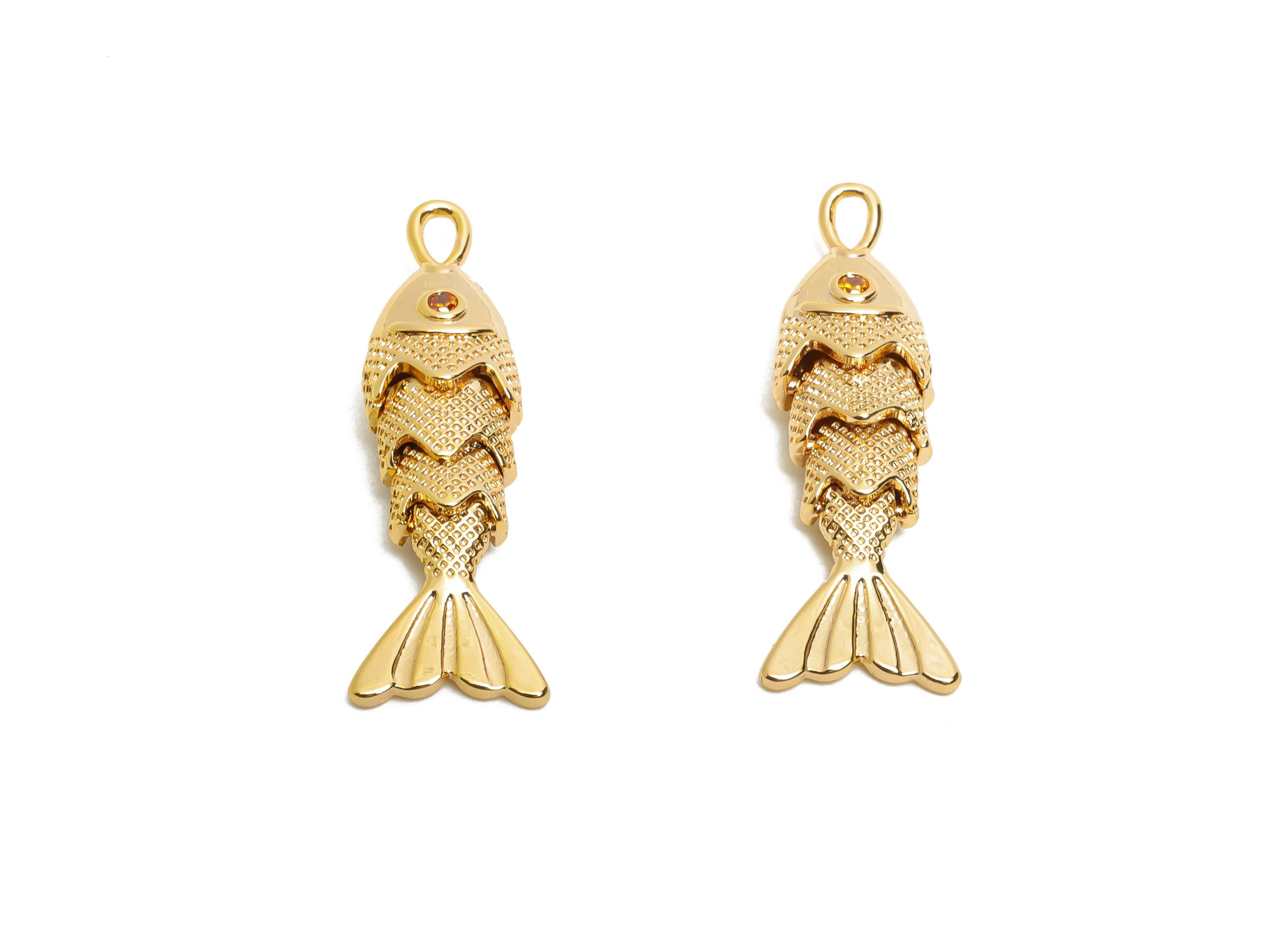 Dainty Gold Cloisonne Fish Charm - Brass Movable Fish Pendant - CZ Handmade Articulated Fish - 18K Real Gold Plating - 26.7x9x5mm - RGP10519 - DOMEDBAZAAR