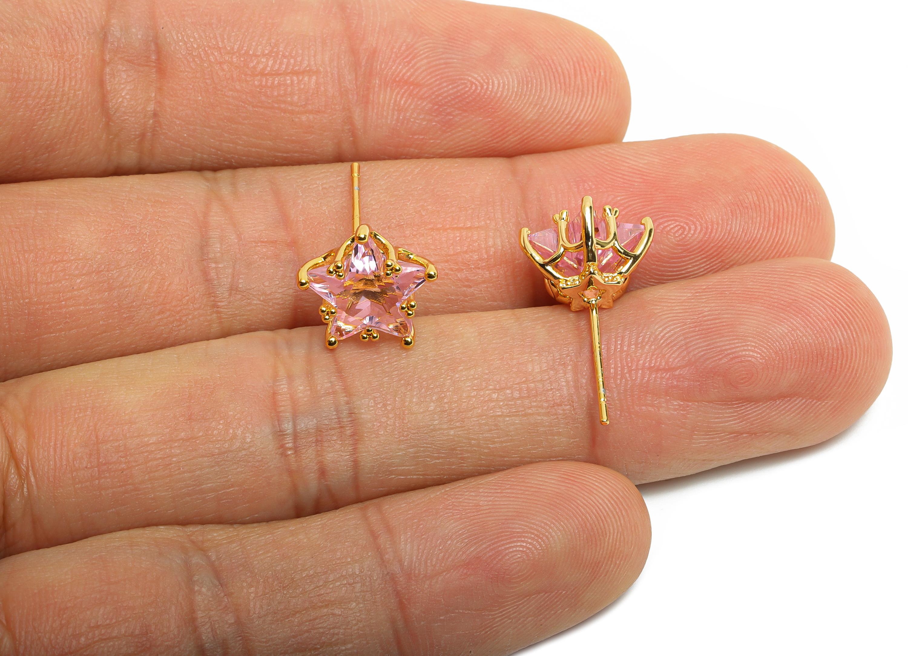 Brass Star Crystal Stud - Dainty Pink Crystal Earring Post - Gold Five-Pointed Star Stud - 18K Real Gold Plated - 11.5x10.9x7.6mm - RGP10480 - DOMEDBAZAAR