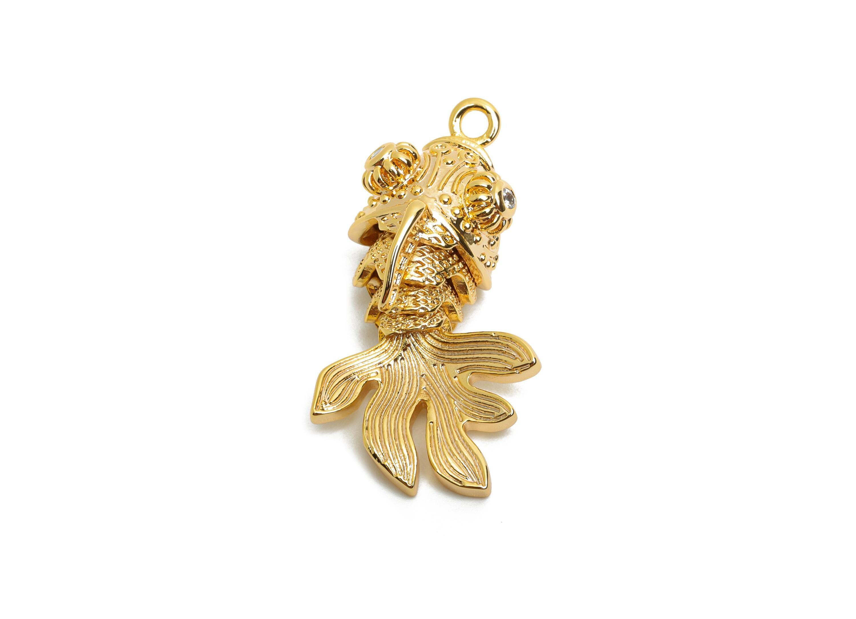 Movable 3D Articulated Fish Charm - Brass Textured CZ Articulated Flexible Marine Pendant - 18K Real Gold Plated - 28x12x10.85mm - RGP10510 - DOMEDBAZAAR
