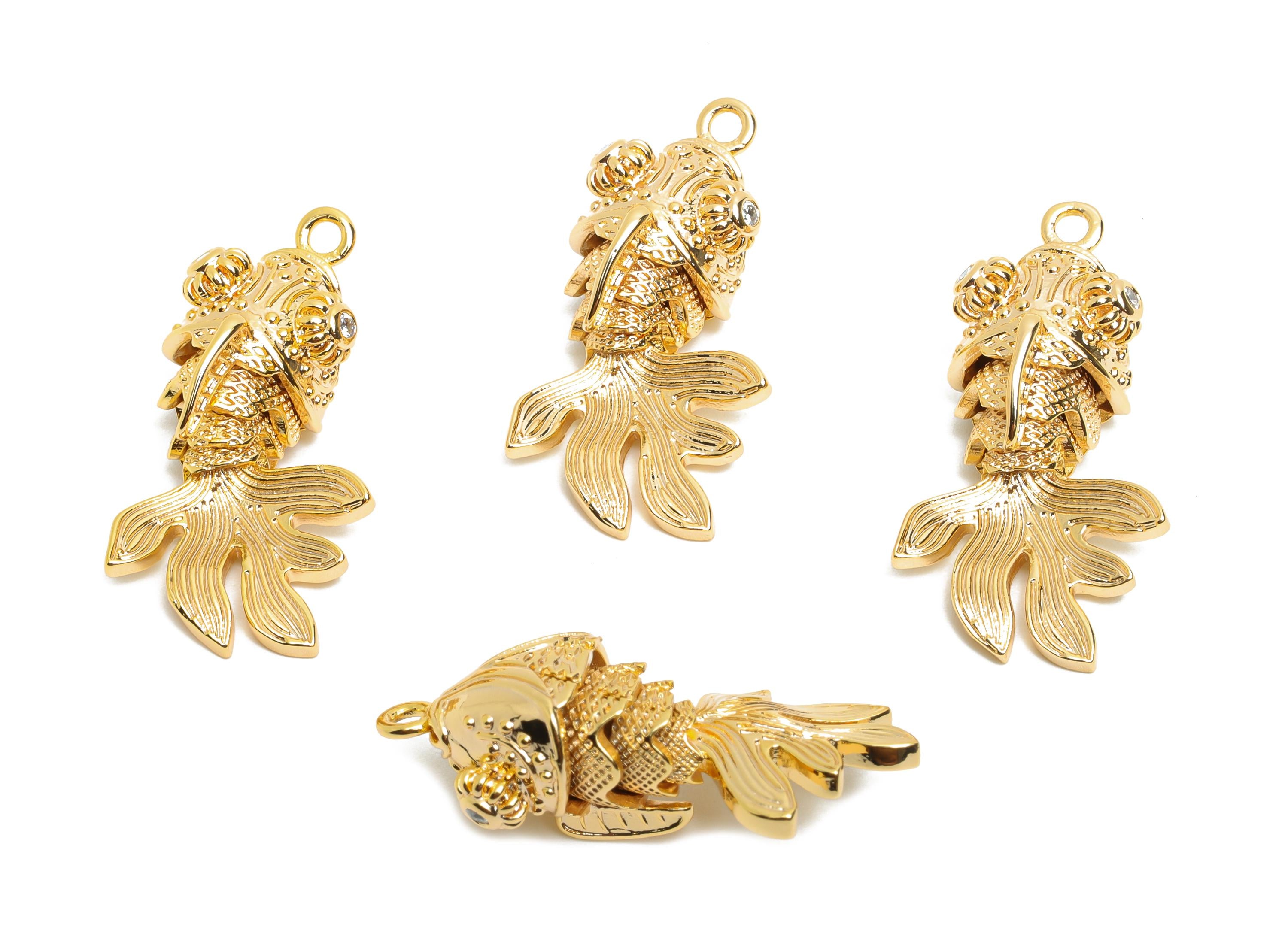 Movable 3D Articulated Fish Charm - Brass Textured CZ Articulated Flexible Marine Pendant - 18K Real Gold Plated - 28x12x10.85mm - RGP10510 - DOMEDBAZAAR