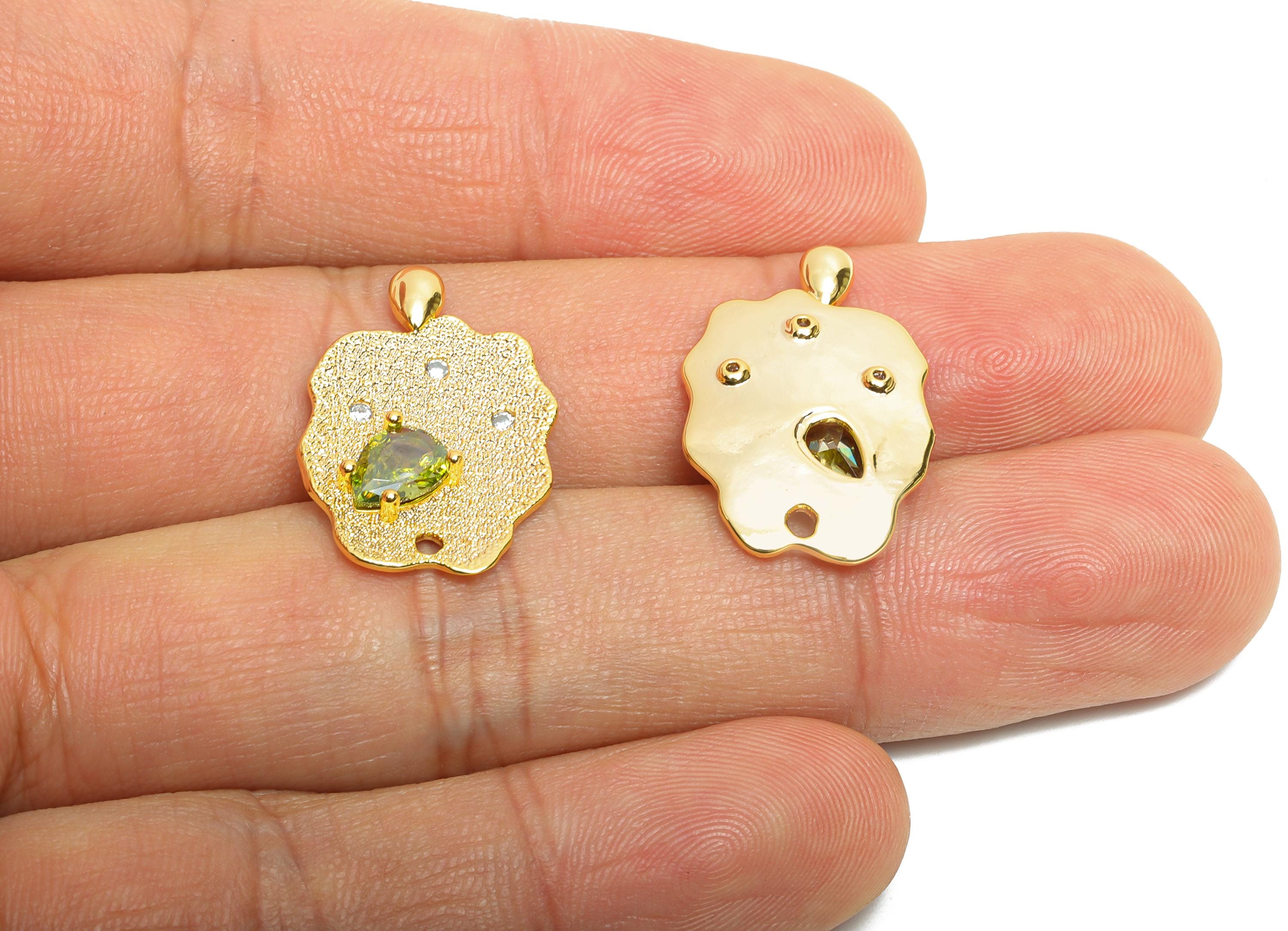 Green Teardrop Pendant - Brass Sparking Crystal Charm - Modern Irregular Gold Pendant - 18K Real Gold Plated - 22.8x15.2x3.2mm - RGP10492 - DOMEDBAZAAR