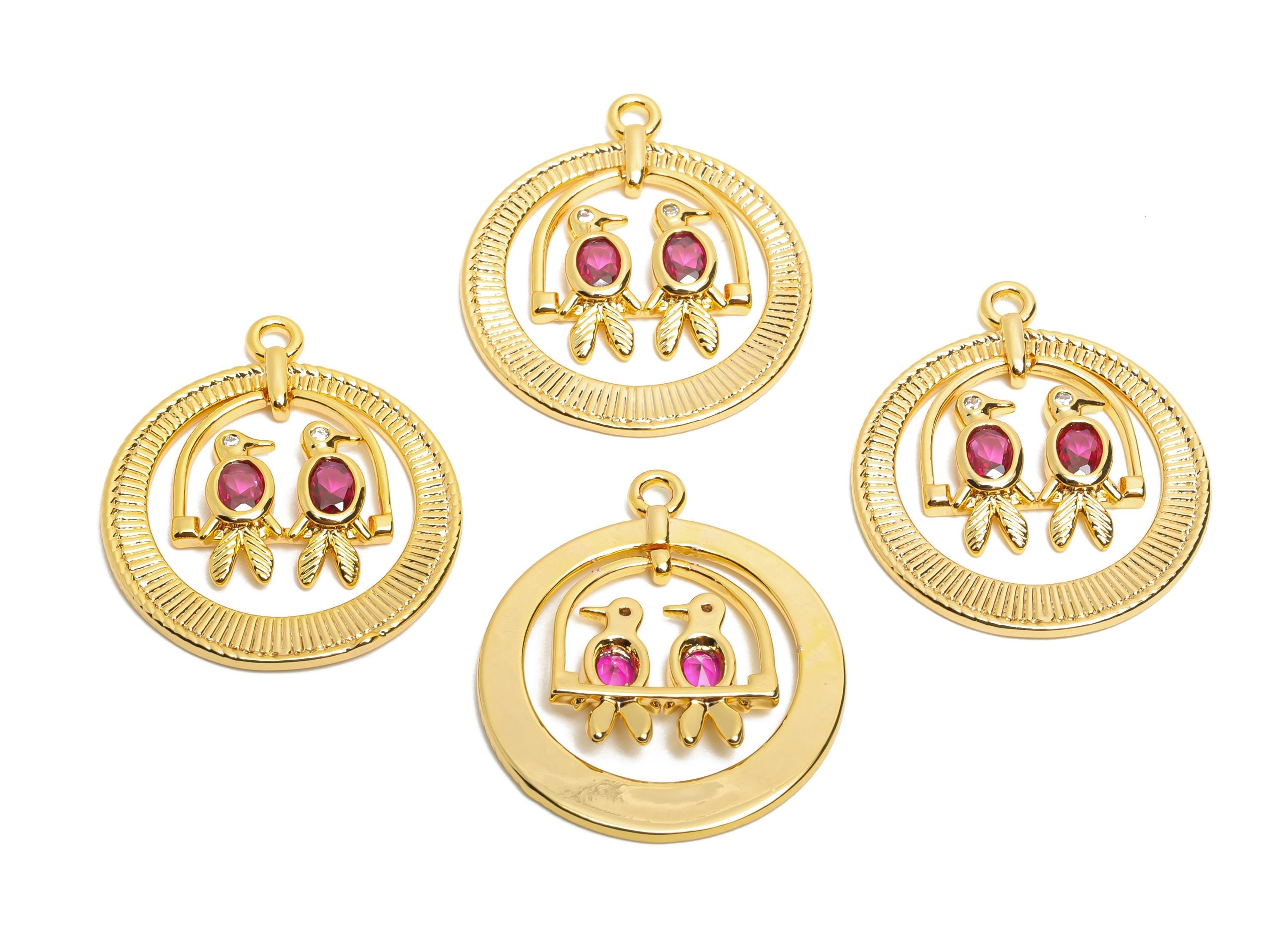 Brass Lovebird Crystal Charms - Romantic Lovebird Pendant - Textured Artistic Animal Jewelry - 18K Real Gold Plated - 25x21.4x2mm - RGP10504 - DOMEDBAZAAR