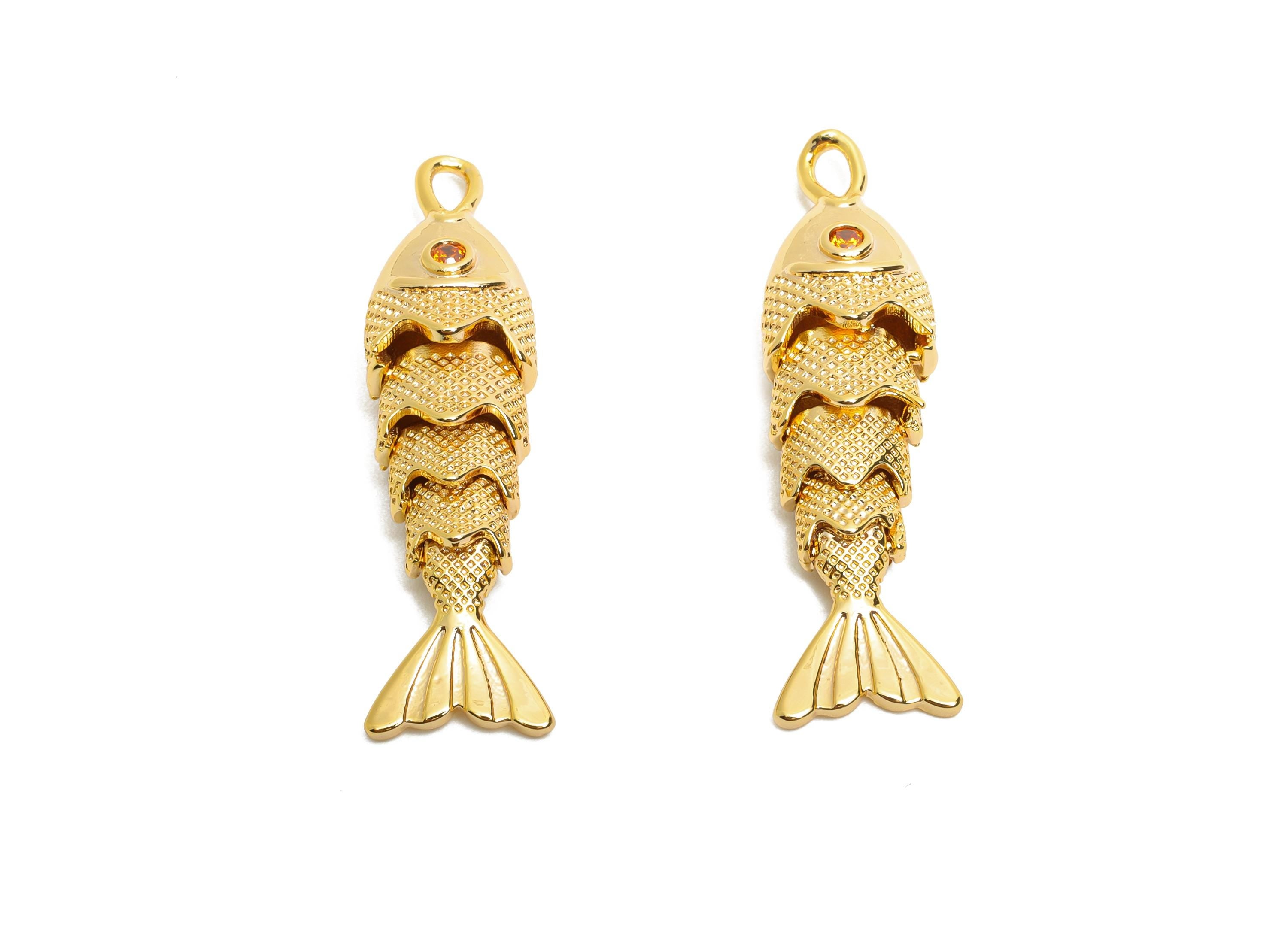 Movable 3D Articulated Fish Charm - Brass Textured Cubic Zircon Flexible Marine Pendant - 18K Real Gold Plated - 32.91x8x6mm - RGP10522 - DOMEDBAZAAR