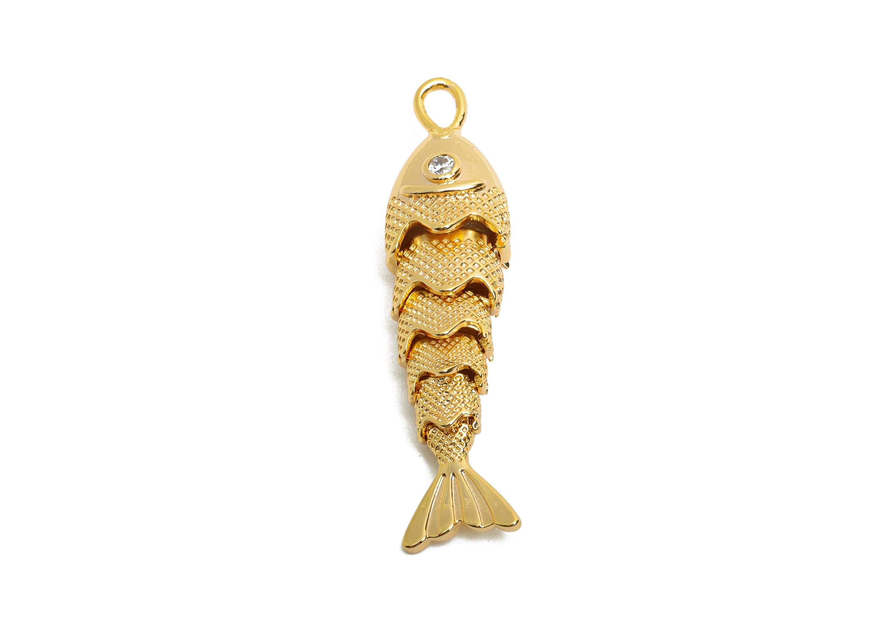 Movable 3D Articulated Fish Charm - Brass Textured Cubic Zircon Flexible Marine Pendant - 18K Real Gold Plated - 40x9.7x7.31mm - RGP10523 - DOMEDBAZAAR