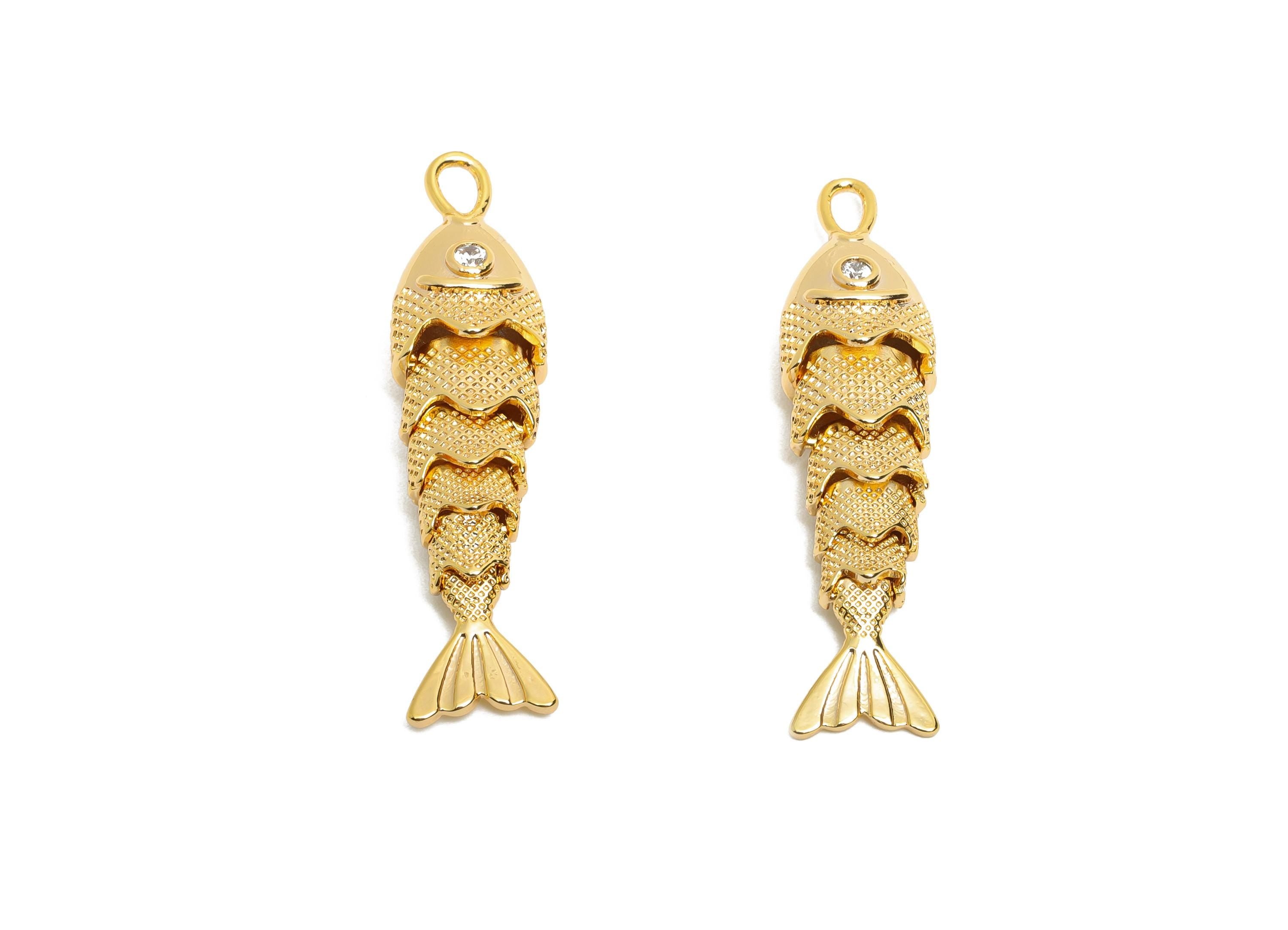 Movable 3D Articulated Fish Charm - Brass Textured Cubic Zircon Flexible Marine Pendant - 18K Real Gold Plated - 40x9.7x7.31mm - RGP10523 - DOMEDBAZAAR