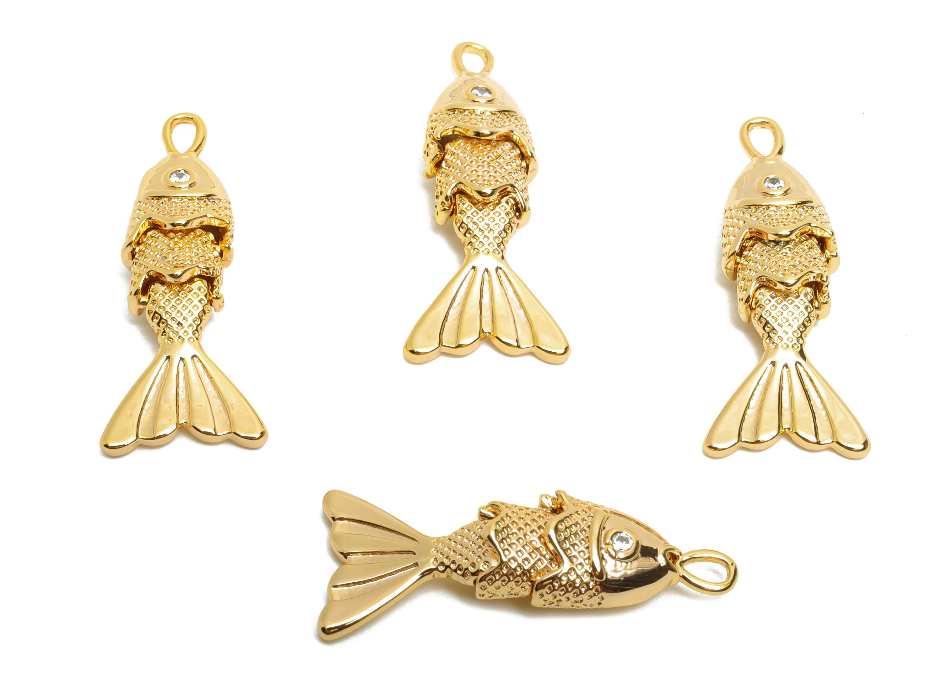Gold Movable Fish Charms - Dainty Articulated Brass Fish Pendant - CZ Handmade Fish Jewelry - 18K Gold Plating - 22.47x9.3x4.9mm - RGP10514 - DOMEDBAZAAR