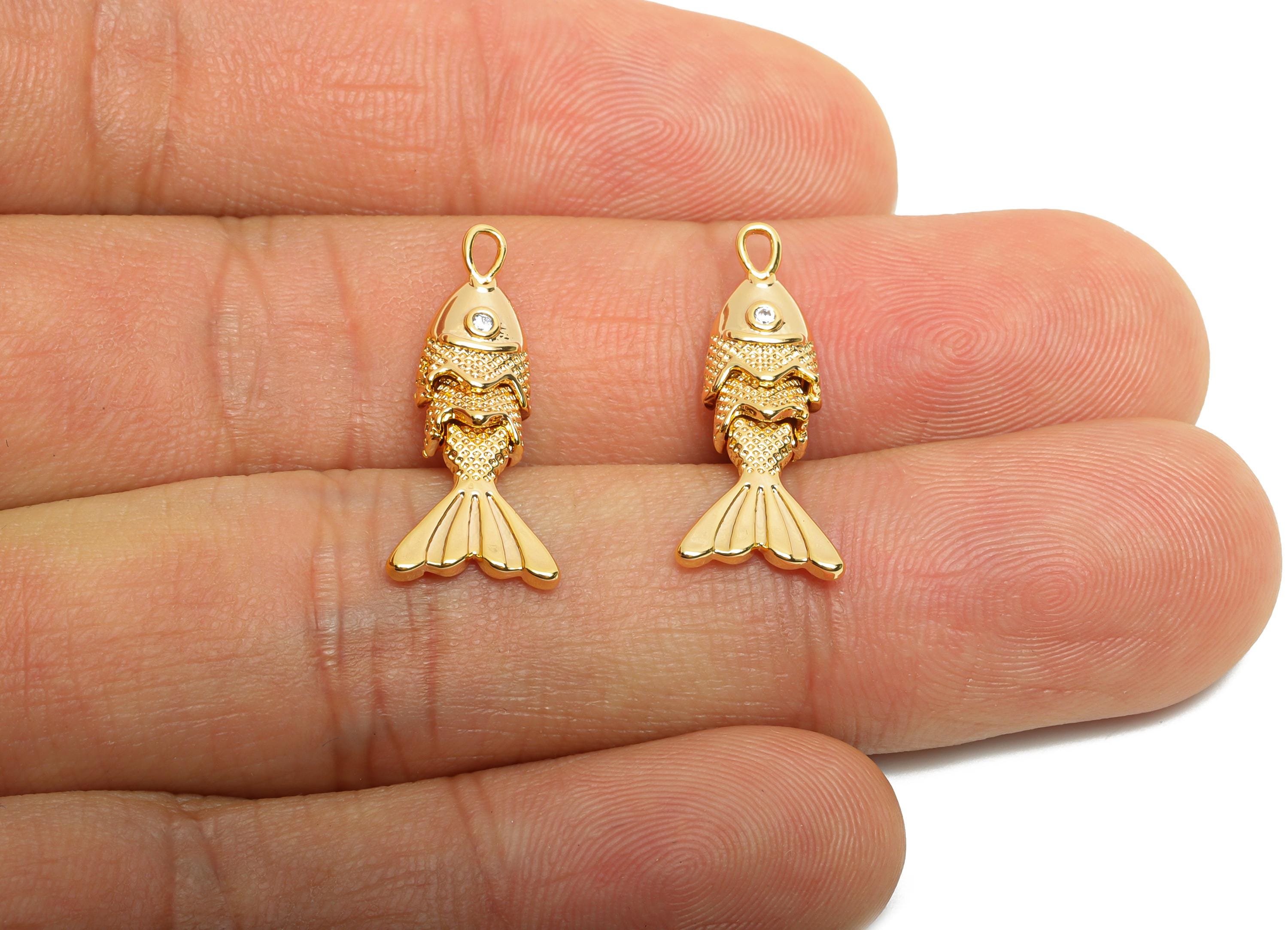 Gold Movable Fish Charms - Dainty Articulated Brass Fish Pendant - CZ Handmade Fish Jewelry - 18K Gold Plating - 22.47x9.3x4.9mm - RGP10514 - DOMEDBAZAAR