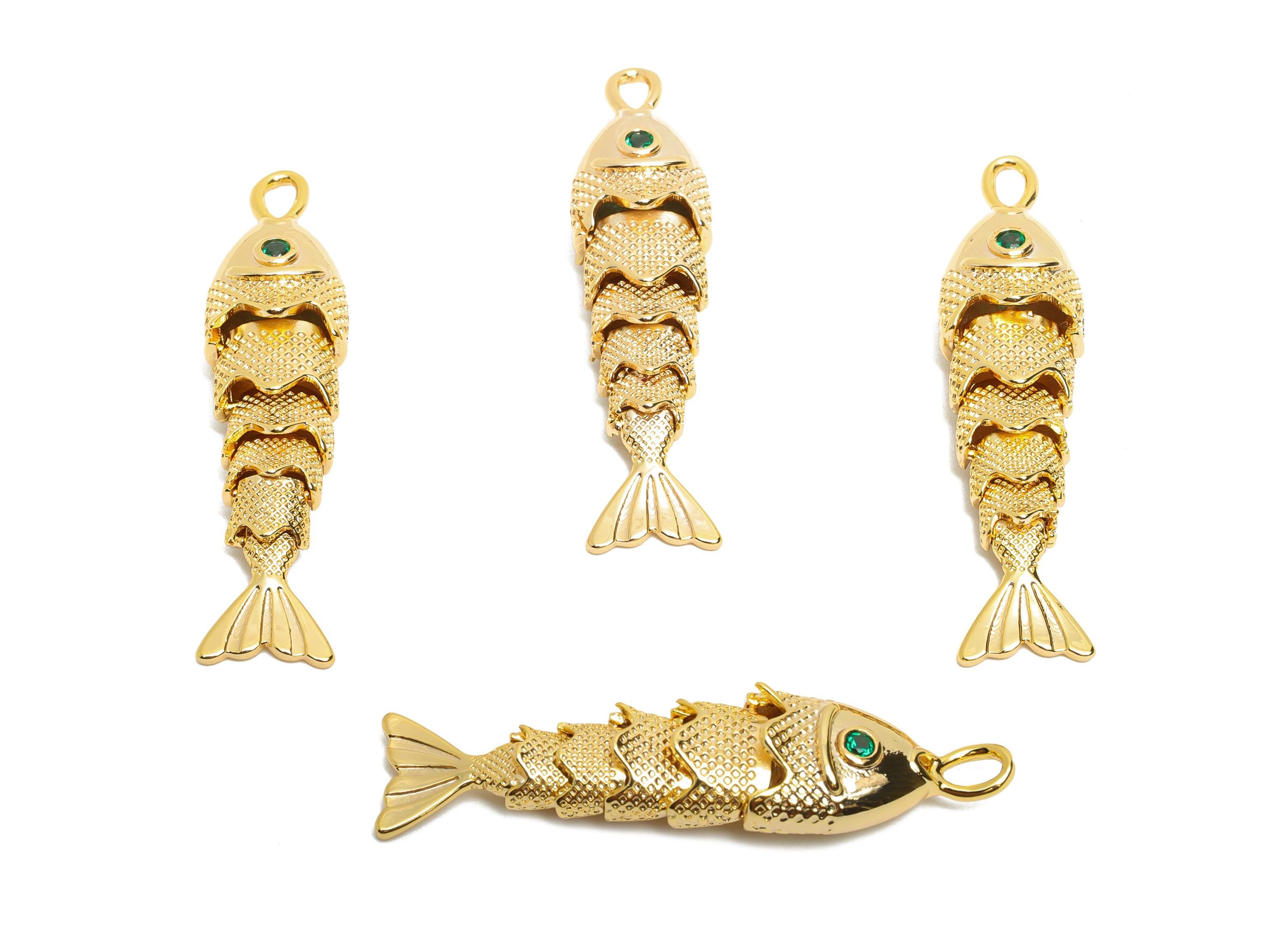 Movable 3D Articulated Fish Charm - Brass Textured Cubic Zircon Flexible Marine Pendant - 18K Real Gold Plated - 40x9.7x7.31mm - RGP10524 - DOMEDBAZAAR