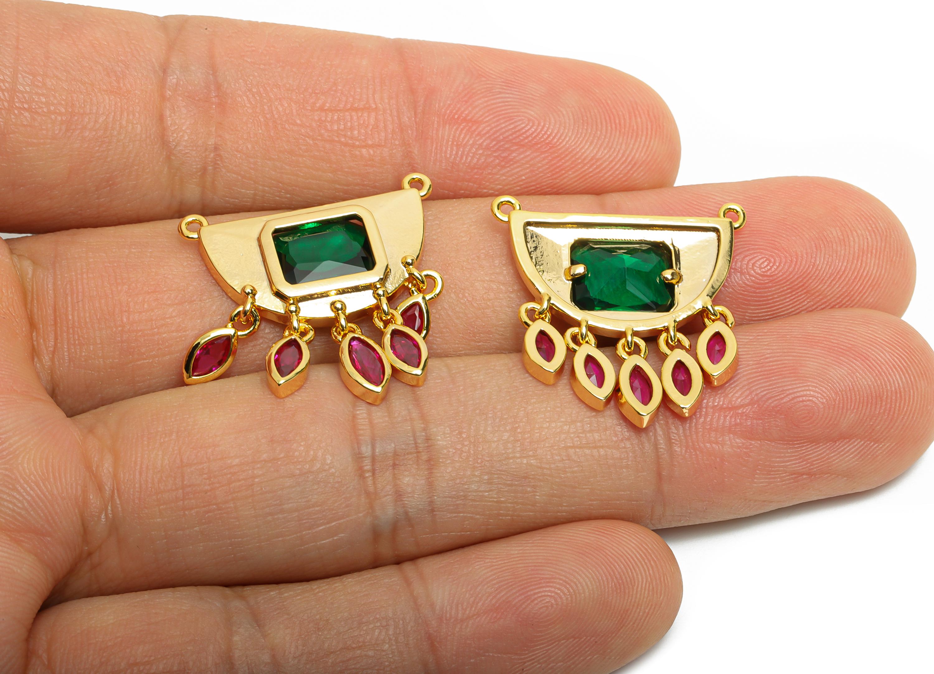 Brass Geometric Crystal Charms - Dangling Green and Pink Charm - Fashionable Drop Charm - 18K Real Gold Plated - 22x22x3.09mm - RGP10465 - DOMEDBAZAAR