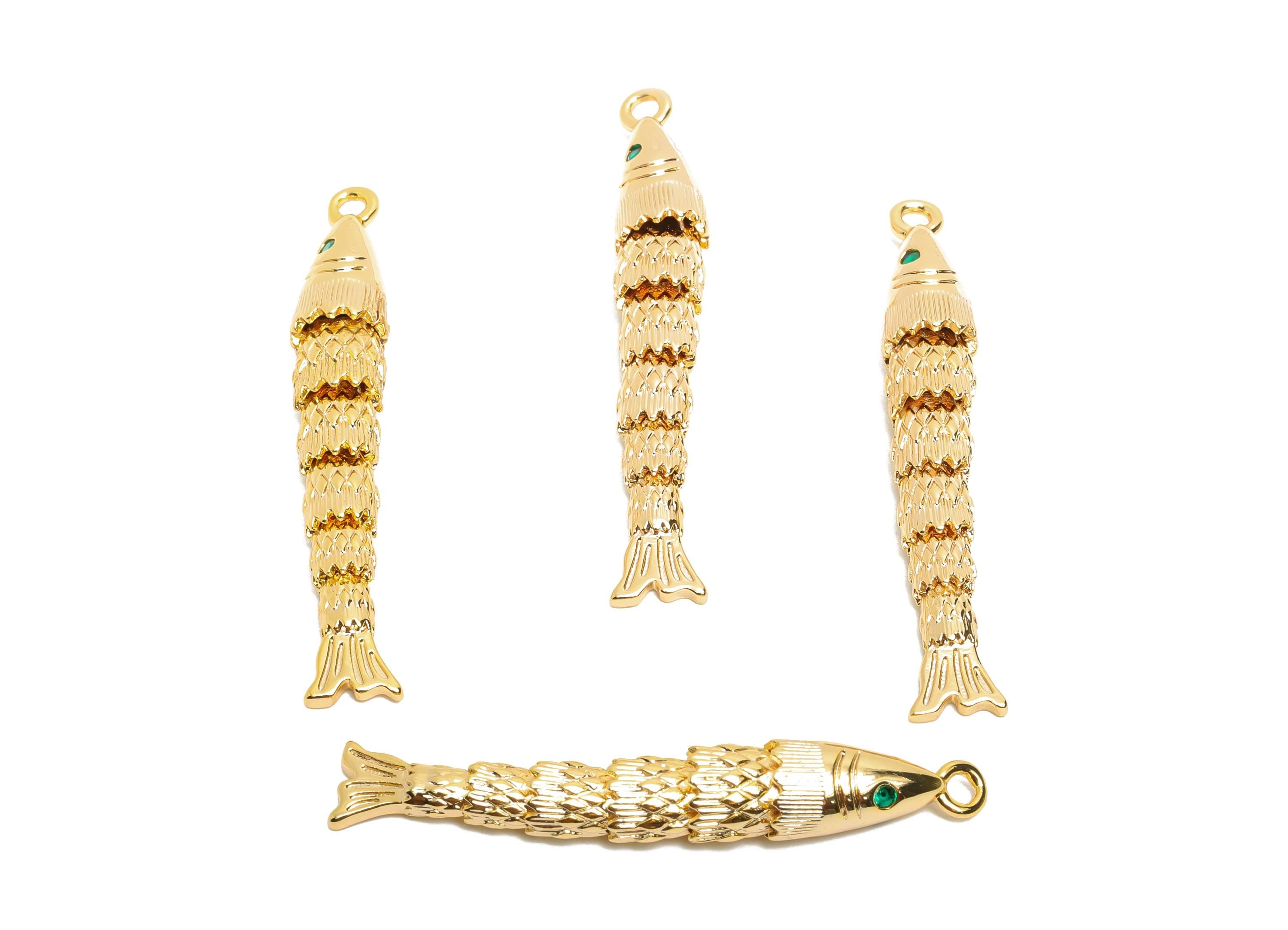 Gold Brass Cloisonne Fish Charm - Unique Movable Fish Pendant - CZ Handmade Articulated Fish - 18K Real Gold Plated - 49x7.6x6mm - RGP10532 - DOMEDBAZAAR