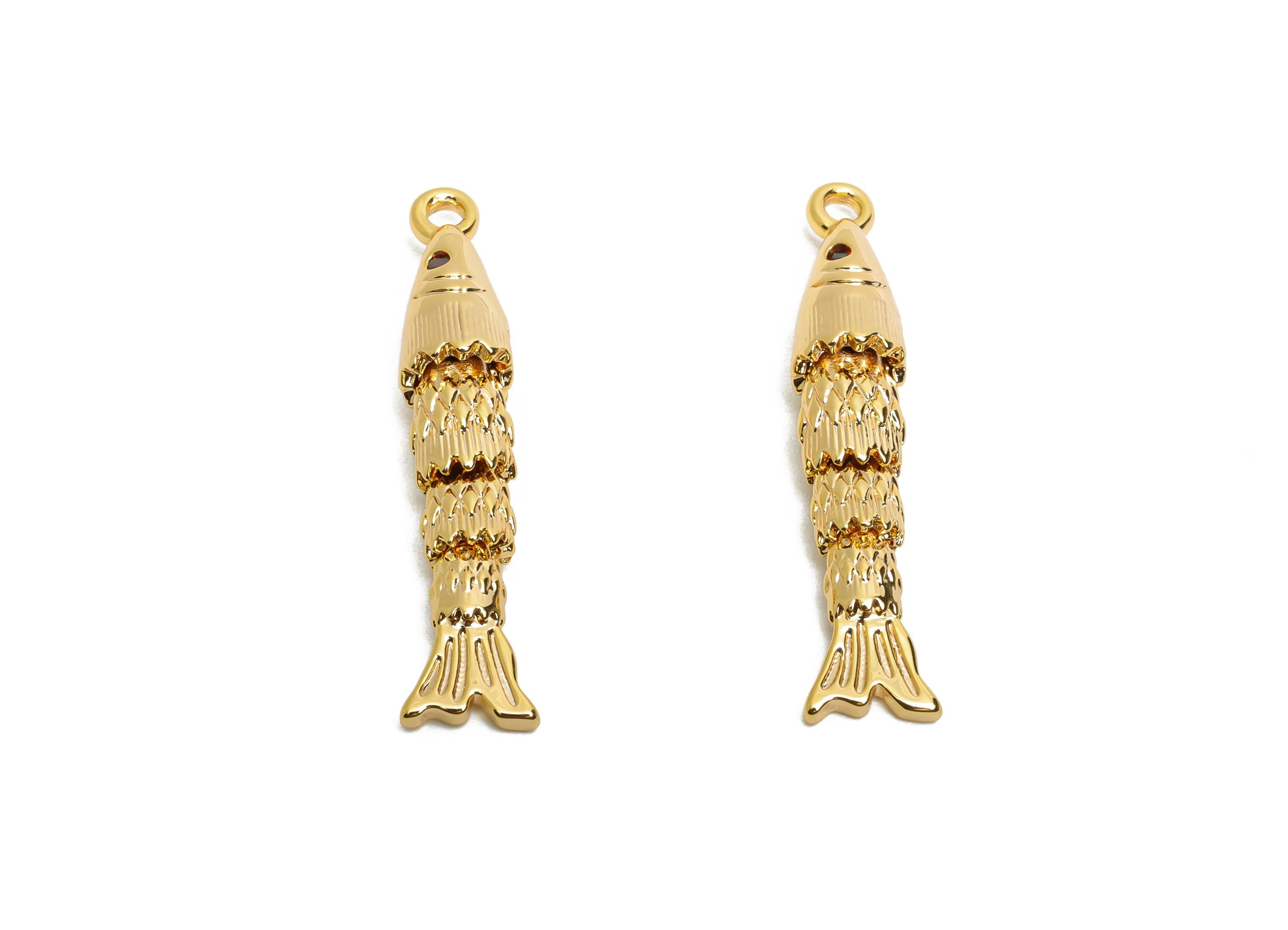 Movable 3D Articulated Fish Charm - Brass Textured Cubic Zircon Flexible Marine Pendant - 18K Real Gold Plated - 30x5.65x5.84mm - RGP10527 - DOMEDBAZAAR