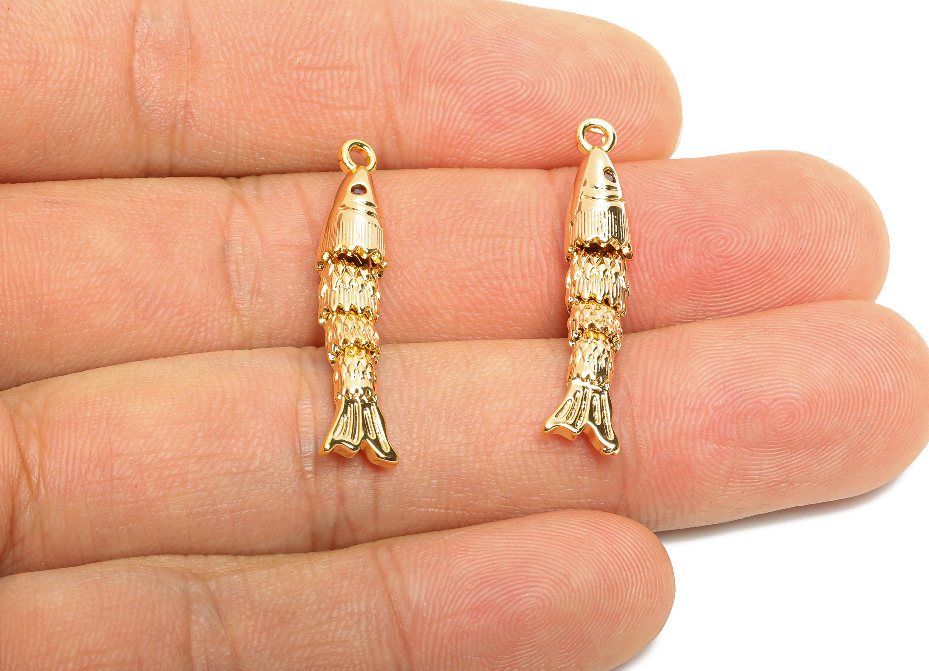 Movable 3D Articulated Fish Charm - Brass Textured Cubic Zircon Flexible Marine Pendant - 18K Real Gold Plated - 30x5.65x5.84mm - RGP10527 - DOMEDBAZAAR