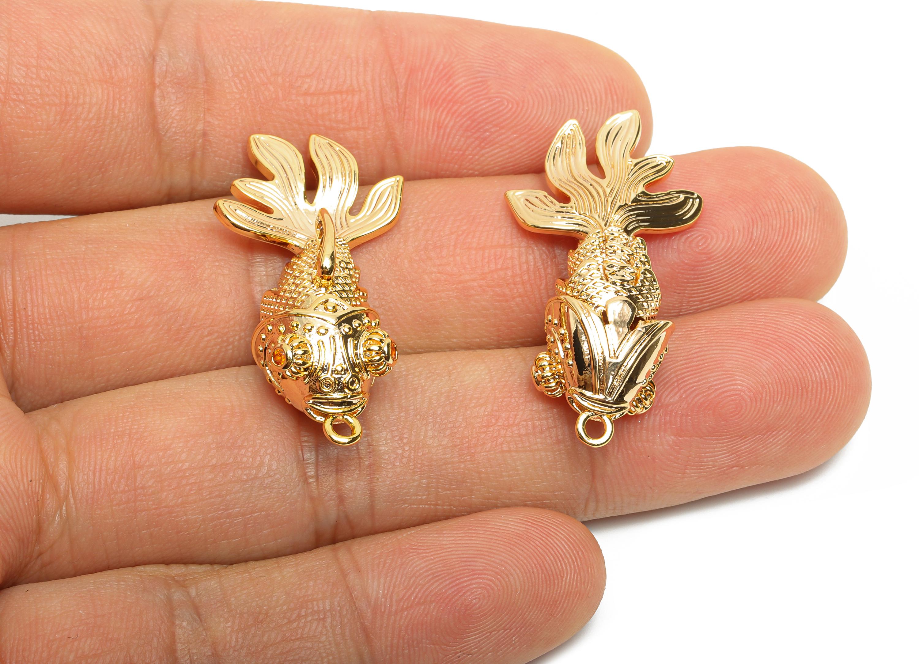 Dainty Goldfish Charms - Brass Movable Fish Pendant - CZ Handmade Articulated Fish - 18K Real Gold Plated - 36.33x17.8x12.23mm - RGP10512 - DOMEDBAZAAR