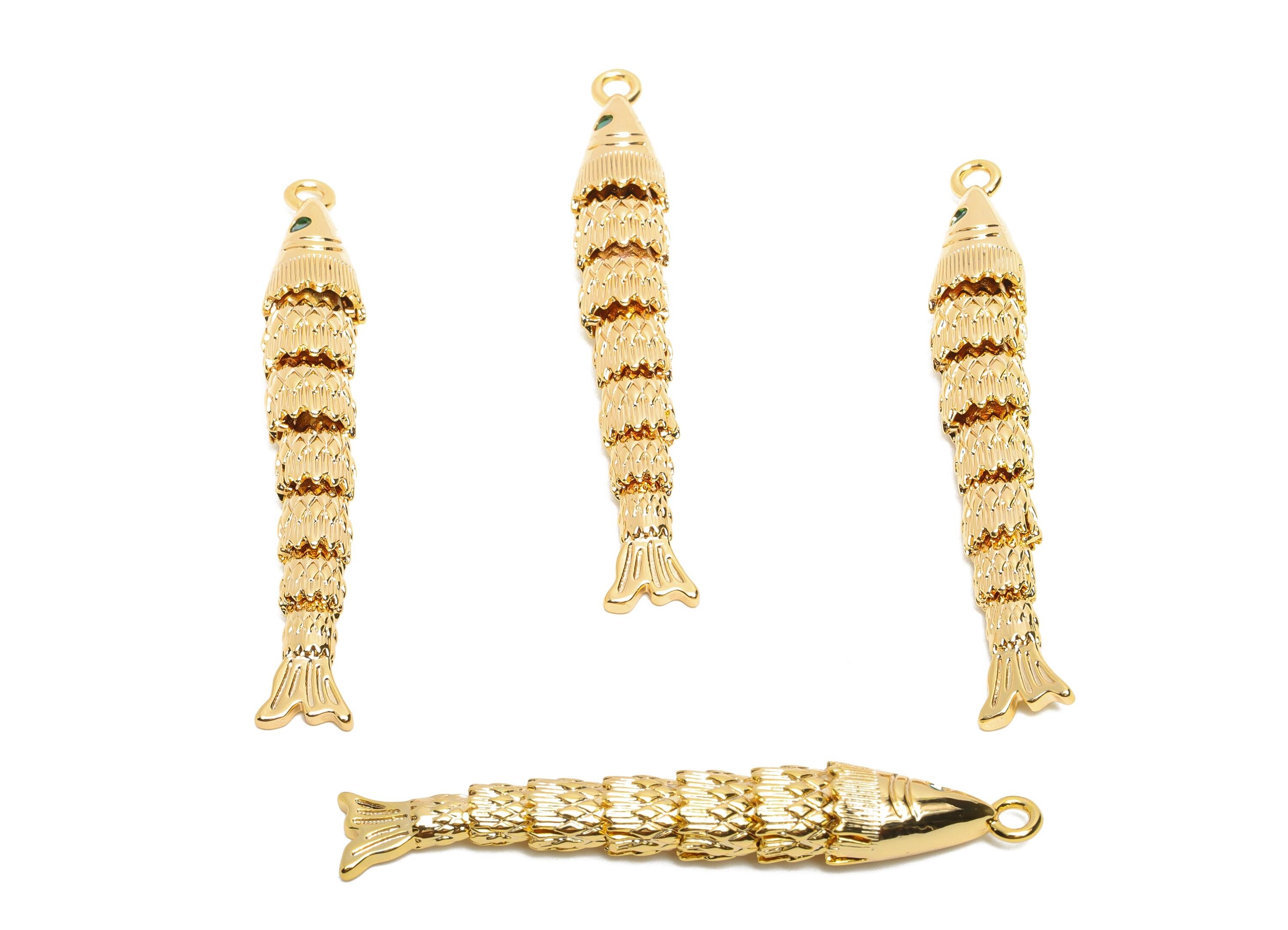 Movable 3D Articulated Fish Charm - Brass Textured CZ Articulated Flexible Marine Pendant - 18K Real Gold Plated - 43x6.6x5.7mm - RGP10530 - DOMEDBAZAAR