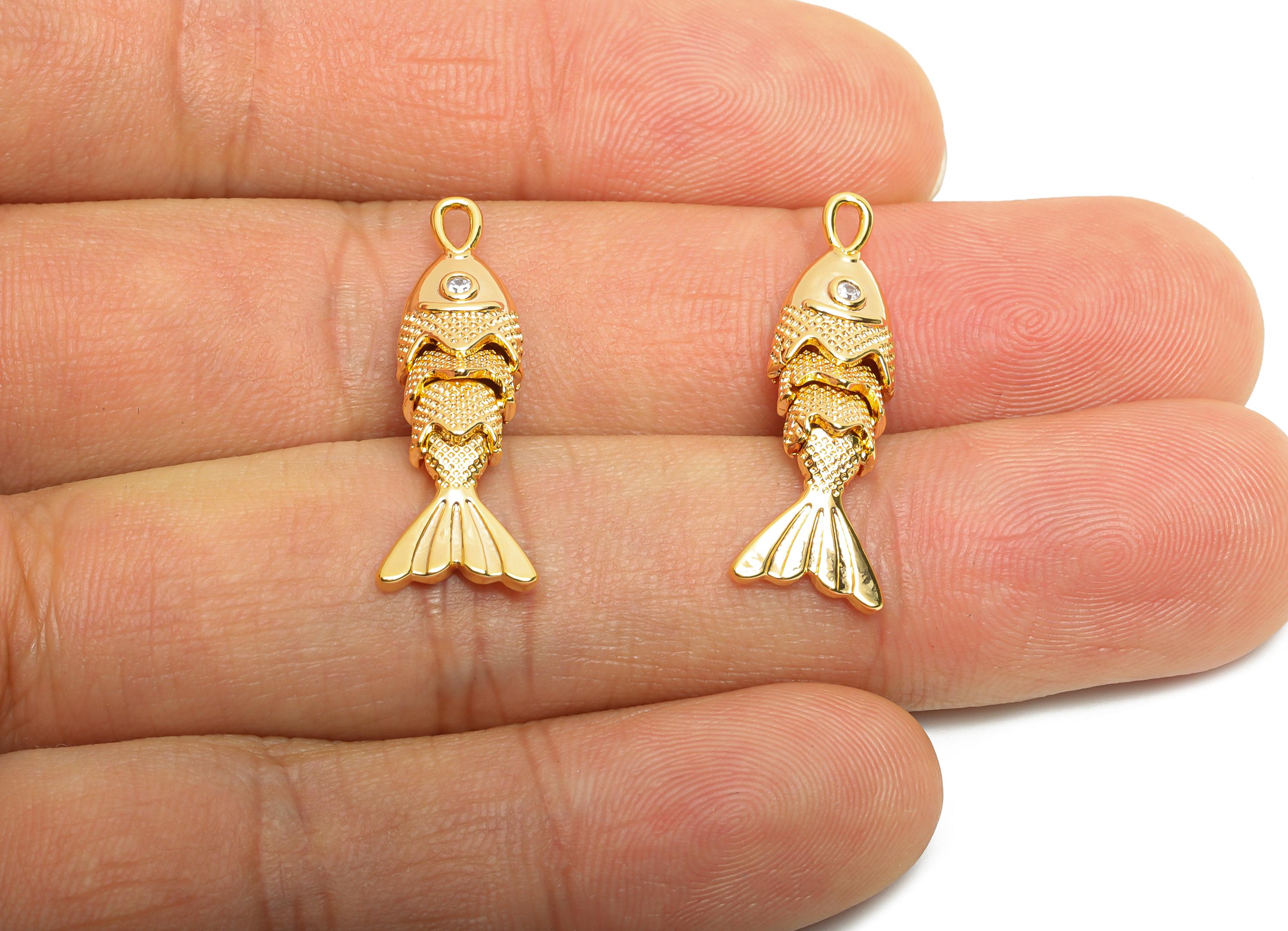 Movable 3D Articulated Fish Charms - Brass Textured Cubic Zircon Flexible Marine Pendant - 18K Real Gold Plated - 26.7x9.03x5mm - RGP10517 - DOMEDBAZAAR