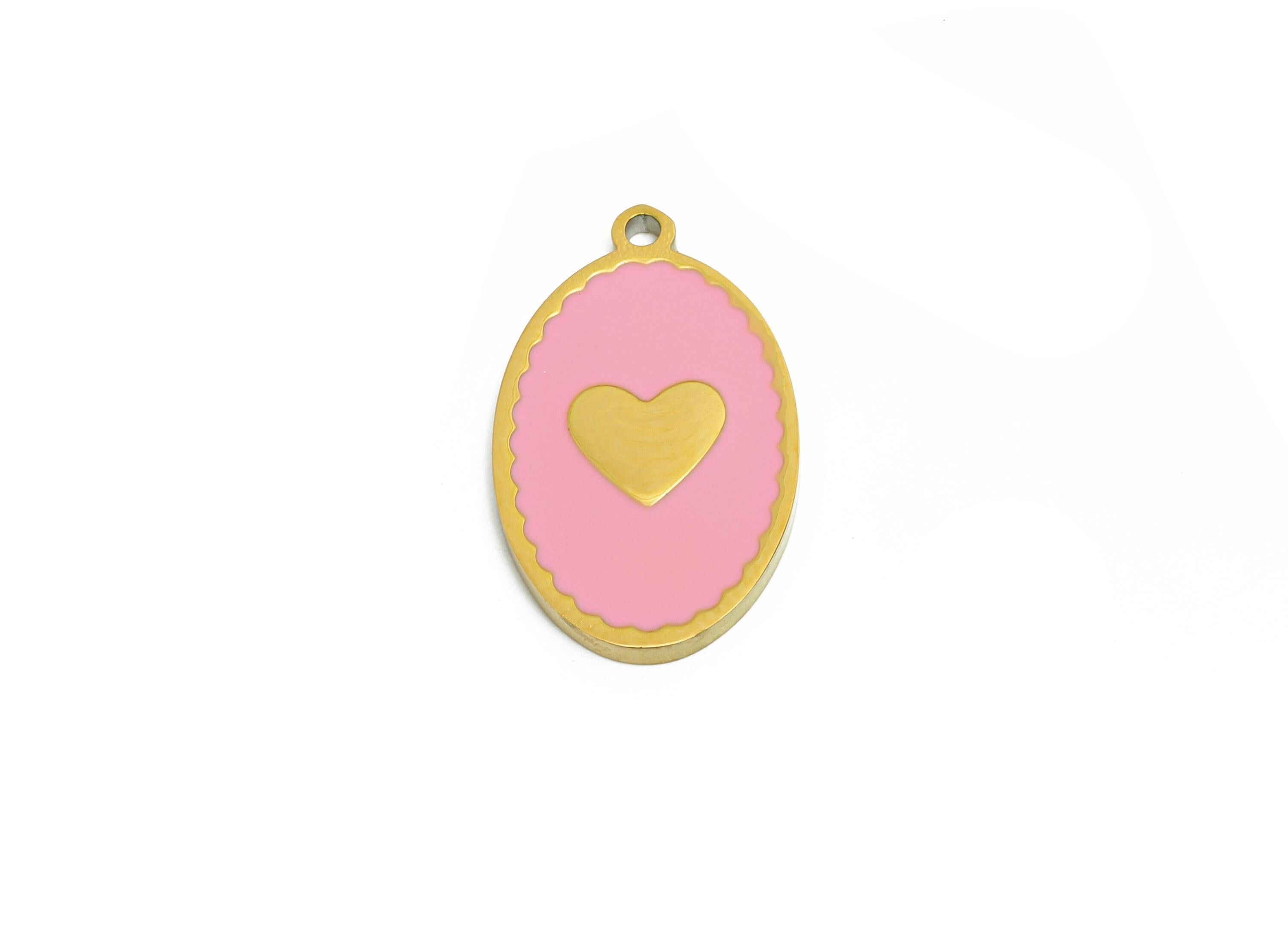 Stainless Steel Heart Charms - Elegant Oval Enamel Heart Necklace Pendant - 316L Stainless Steel - Steel Finding - 18.19x11x1.38mm - SS1617 - DOMEDBAZAAR