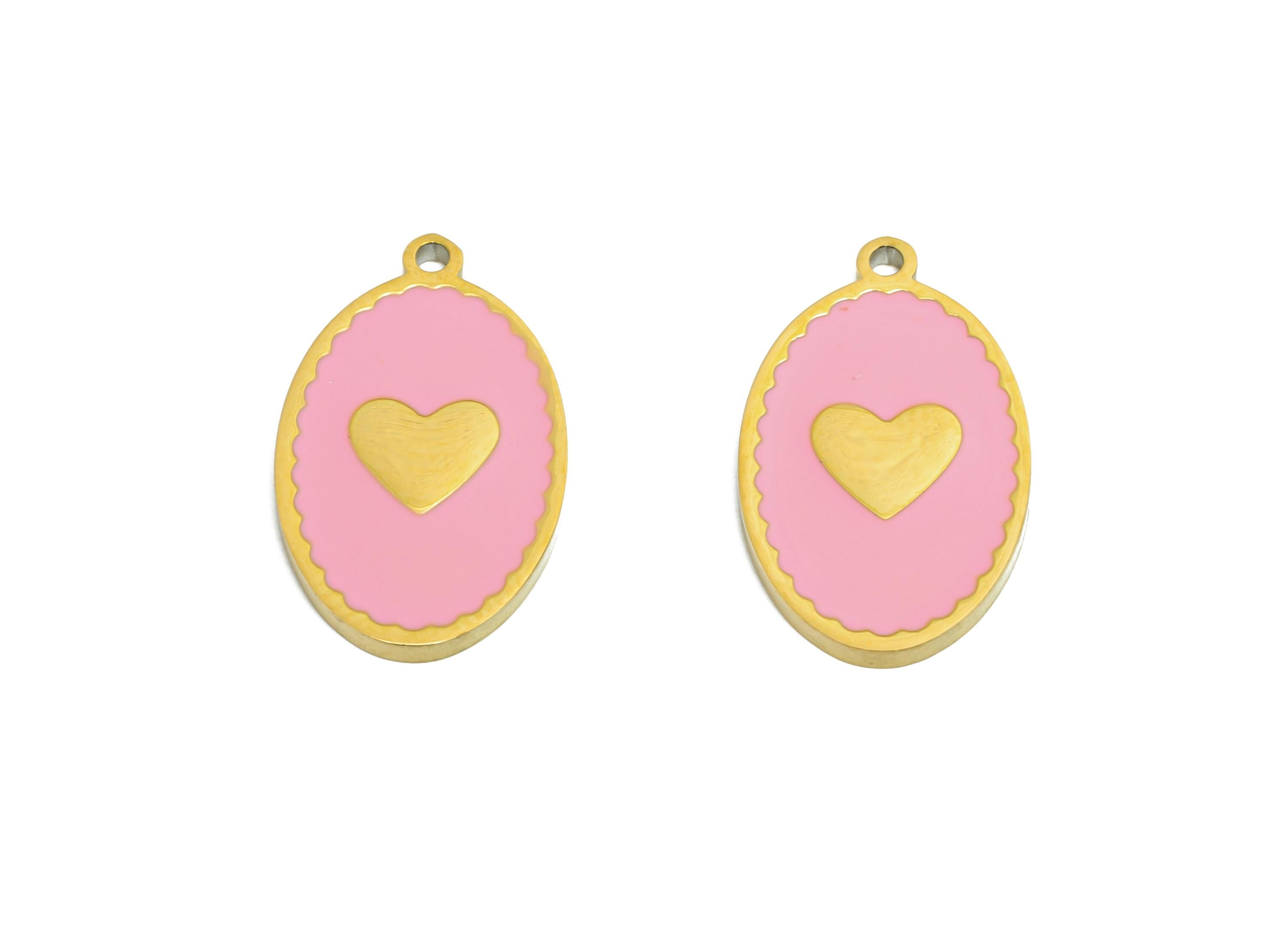 Stainless Steel Heart Charms - Elegant Oval Enamel Heart Necklace Pendant - 316L Stainless Steel - Steel Finding - 18.19x11x1.38mm - SS1617 - DOMEDBAZAAR