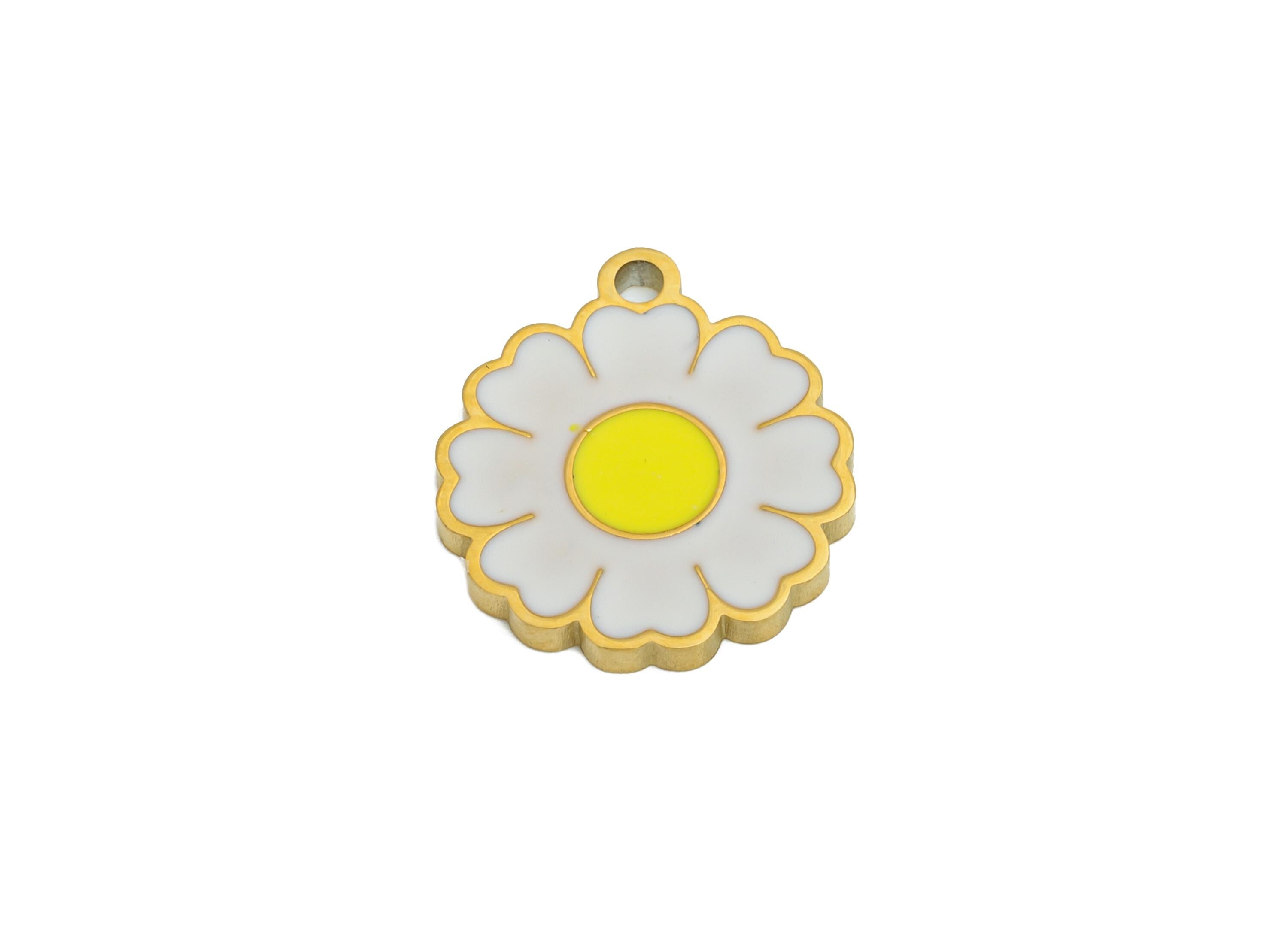 Stainless Steel Daisy Charm - Enamel Flower Botanical Bracelet Charm - 316L Stainless Steel - Minimalist Jewelry - 13.8x12.2x1.35mm - SS1619 - DOMEDBAZAAR