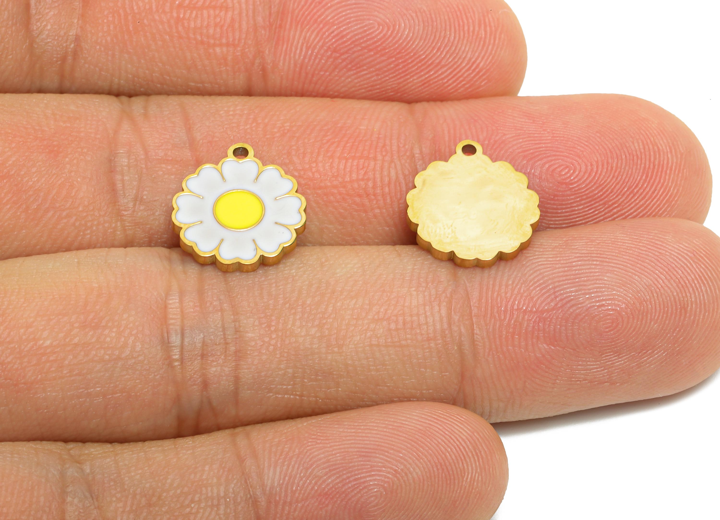 Stainless Steel Daisy Charm - Enamel Flower Botanical Bracelet Charm - 316L Stainless Steel - Minimalist Jewelry - 13.8x12.2x1.35mm - SS1619 - DOMEDBAZAAR