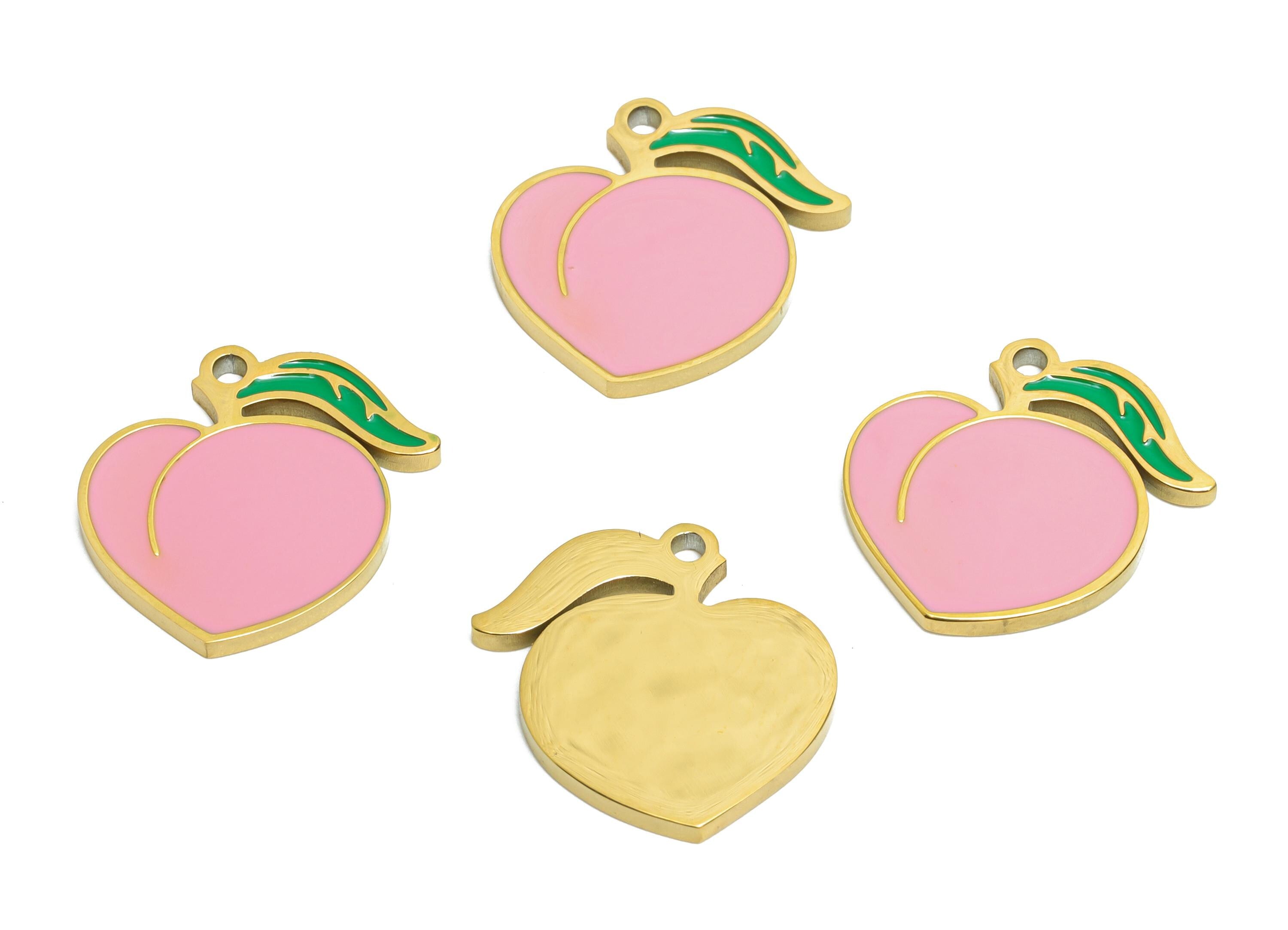 Stainless Steel Peach Charms - Enamel Peach Pink And Green Charm - 316L Stainless Steel - Sweet Peach Jewelry Piece - 14x15x1.4mm - SS1661 - DOMEDBAZAAR