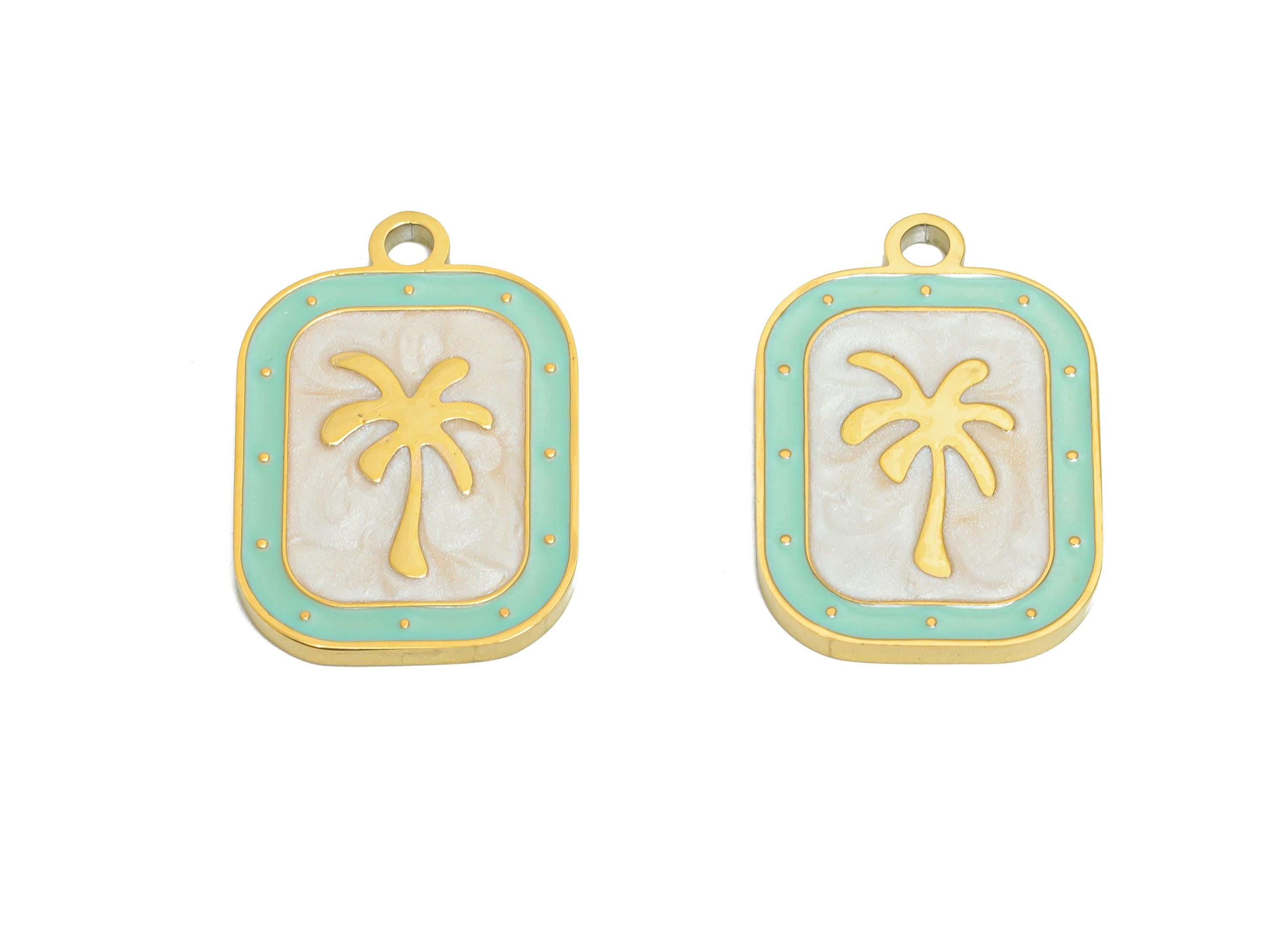 Stainless Steel Tree Charms - Enamel Palm Tree Pendant - Minimalist Tropical Jewelry - Beach Vibes Jewelry Piece -19.67x13.1x1.39mm - SS1663 - DOMEDBAZAAR