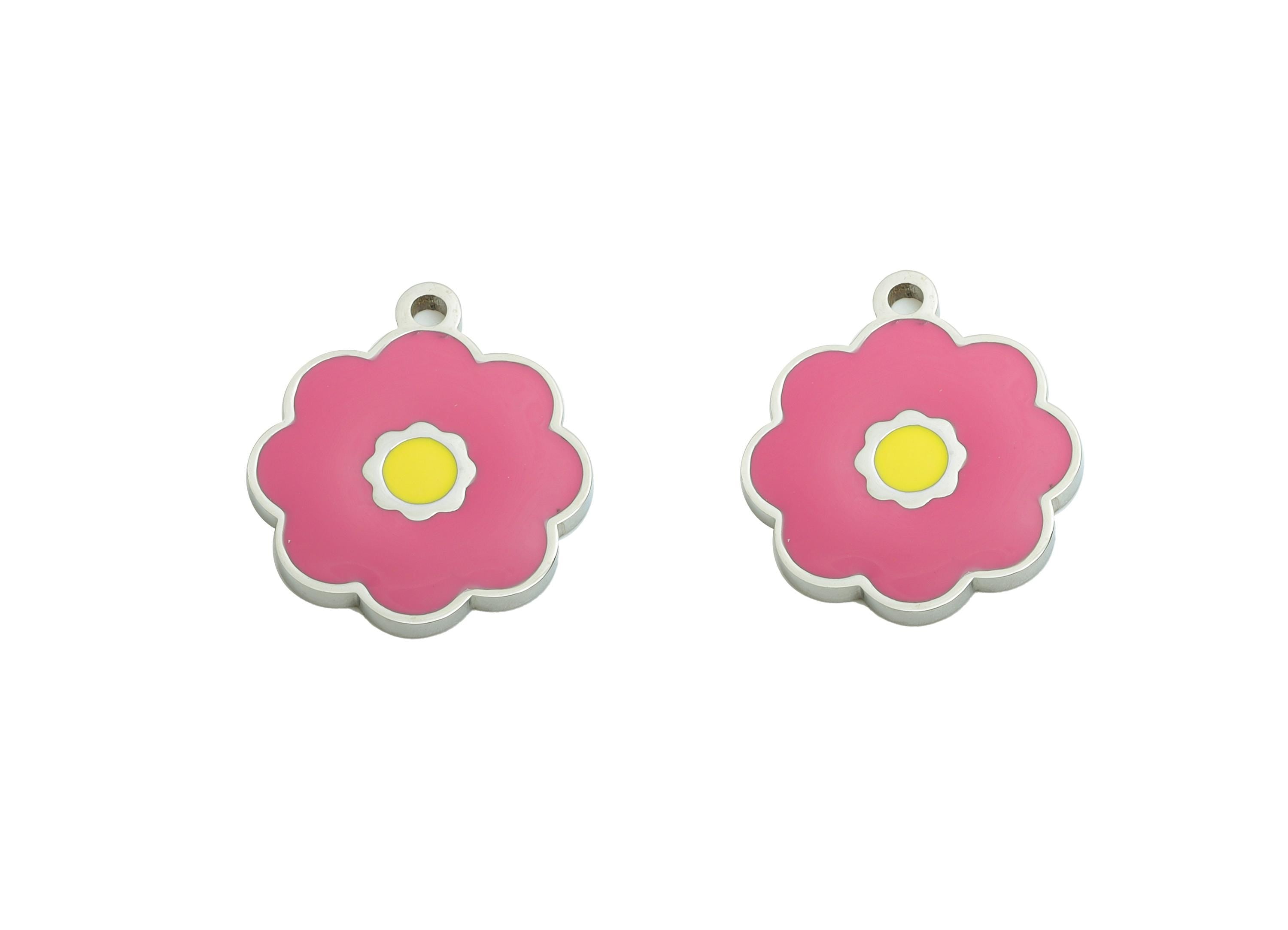 Stainless Steel Daisy Charms - Enamel Pink Flower Pendant - Bright Pink Enamel Charm - Whimsical Jewelry Accessory - 16.24x14x1mm - SS1634 - DOMEDBAZAAR