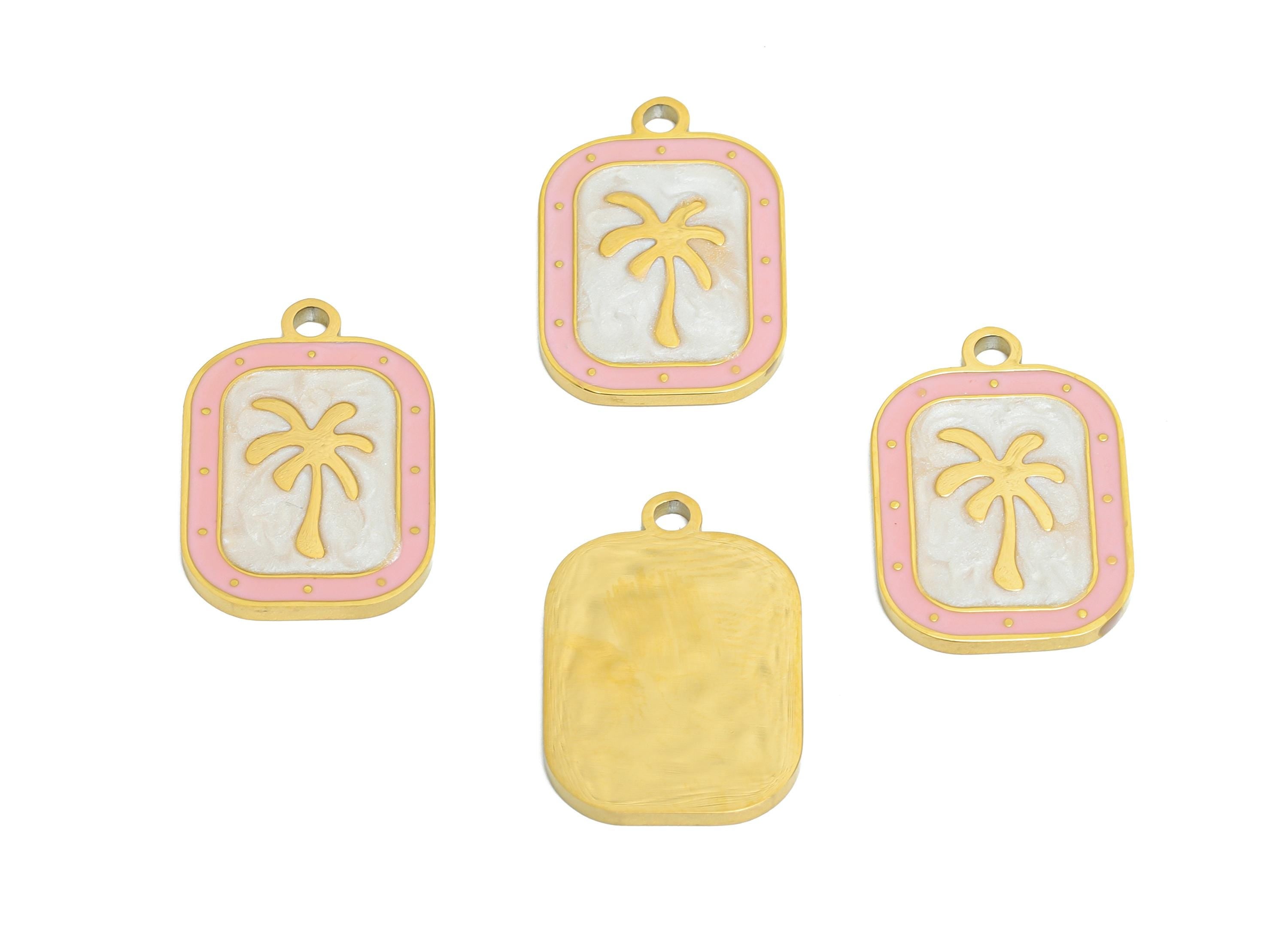 Stainless Steel Tree Charms - Enamel Palm Tree Pendant - Minimalist Tropical Jewelry - Beach Vibes Jewelry Piece - 19x13x1.36mm - SS1660 - DOMEDBAZAAR