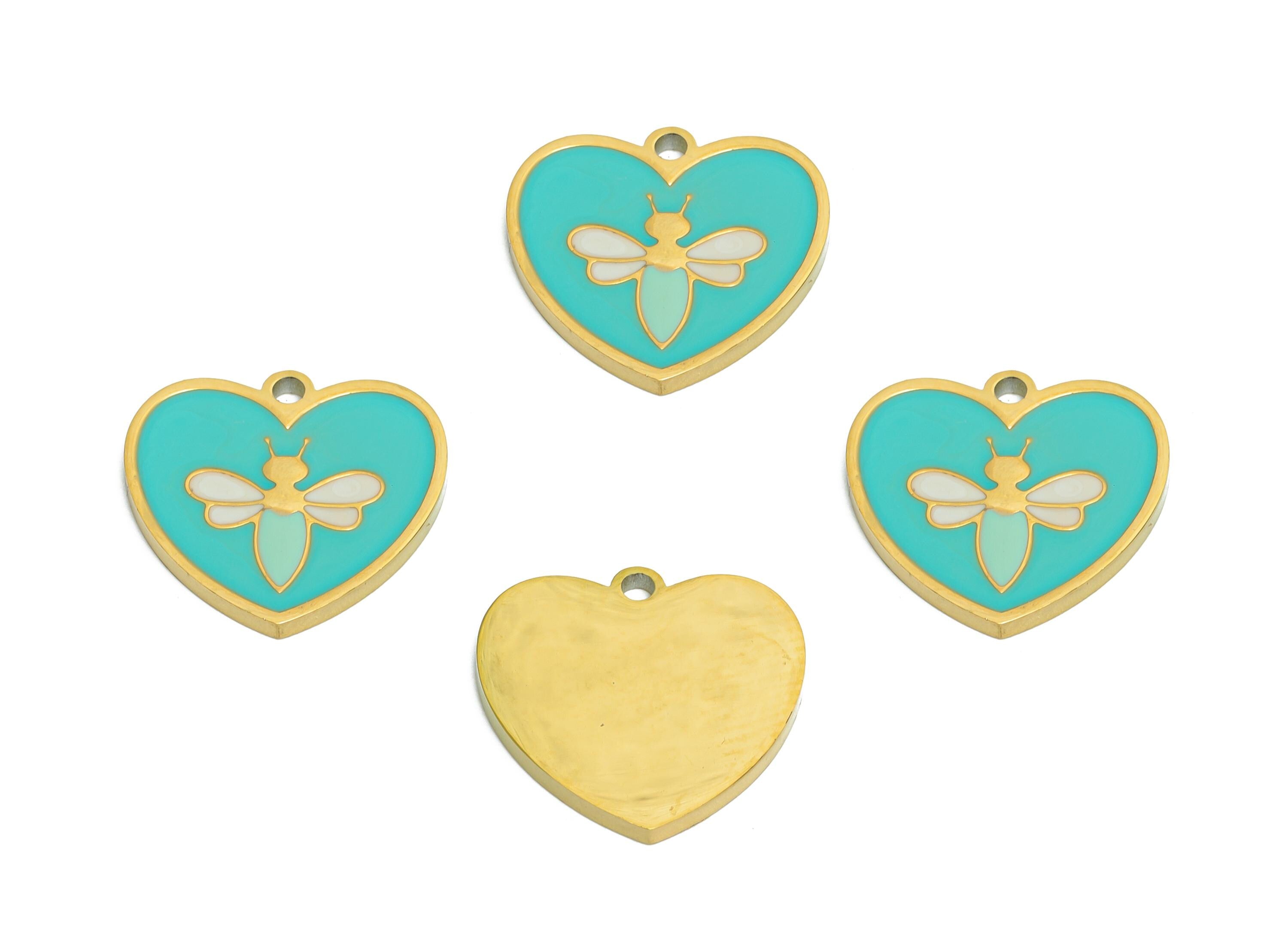 Stainless Steel Heart Charms - Dainty Enamel Heart Bee Pendant - Modern Bee Motif Pendant - Whimsical Jewelry - 14x15x1.35mm - SS1669 - DOMEDBAZAAR